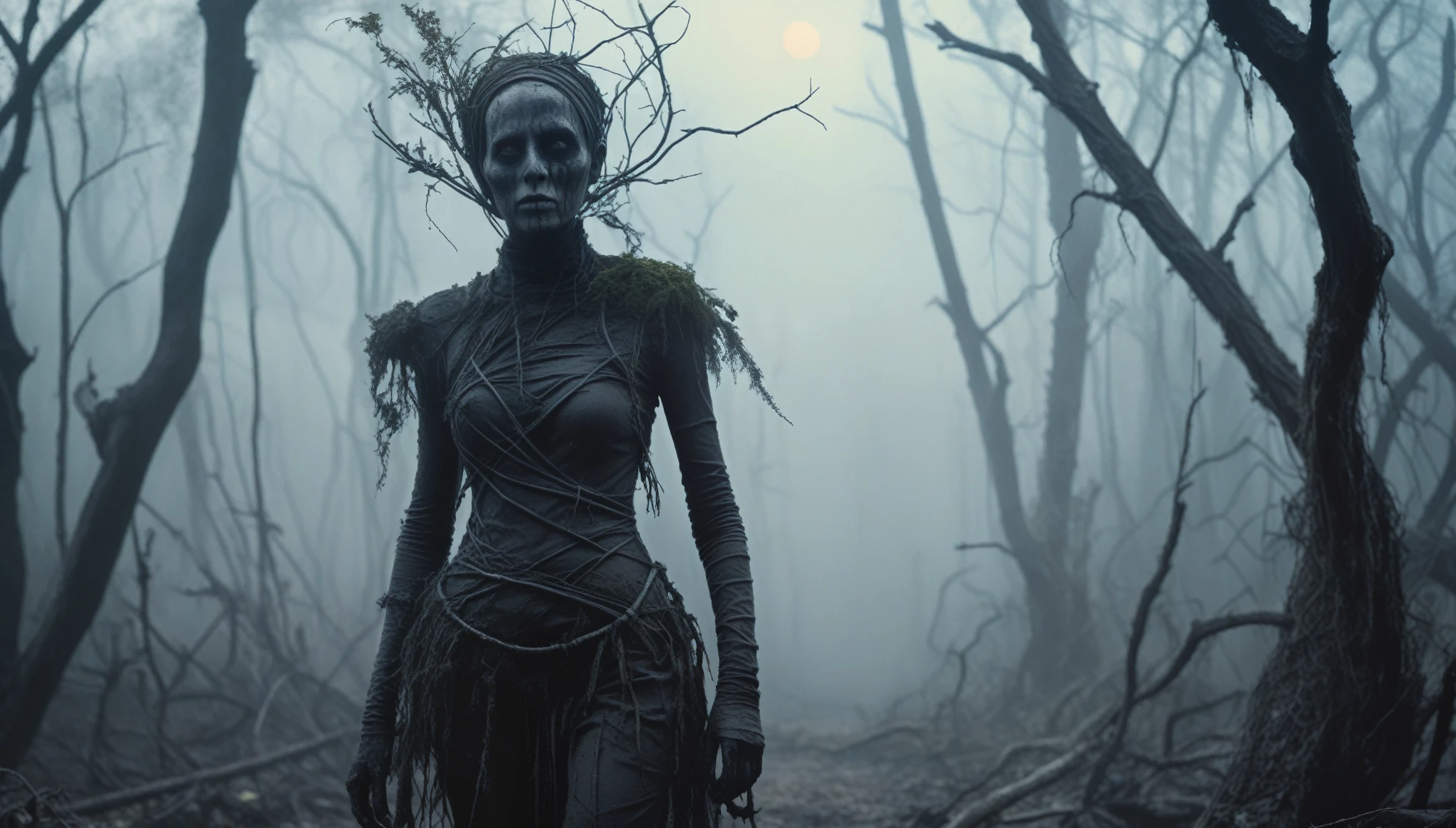 young graphite witch's mummy made of dead plants, foggy Louisiana forest, radioactive atmosphere,steampunk dark horror fantasy, ominous landscapes,ruined theme,lots of toxic dust,full body length shot,once pretty face,full body length, eerie atmosphere, ethereal presence, toxic mists, supernatural entities, sinister aura, dark and twisted branches, macabre elements, eerie and ominous lighting,Complicated detail,captivating creation,intricate details,extremely detailed,masterpiece,intricate details,eyes extremely detailed, high detailed eyes,32k resolution, Nikon Z9,like Stone Forest in Yunnan Province of China,Simon Stalenhag,Nicola Samori,Wangechi Mutu, horror movie, cinematic look, creepy aesthetic, ultra detailed, photorealistic, masterpiece, In a Tim Burton,matter AI plants regaining territory