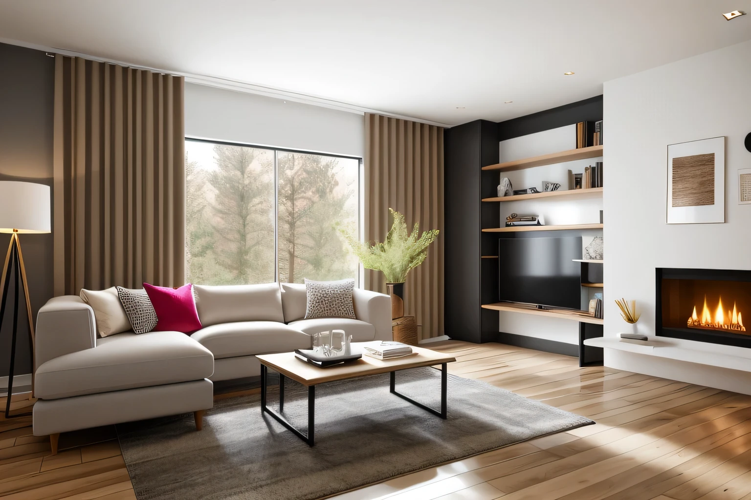 Interior Design: A fascinating European minimalist living room, Minimalist Nordic charm is subtly woven into the space.. The color palette is anchored by black ash elements to create a sophisticated foundation.. Brightly colored furniture pops against the clean background, adding a playful feel. Elegantly presented in 3D rendering, the multi-angle display is eye-catching and showcases the latest technology in a stylish and understated way.. Cozy interior lighting reminiscent of the latest trends thoughtfully illuminates the space and creates a warm and inviting atmosphere.. Large floor-to-ceiling windows flood the room with plenty of natural light.,high quality,