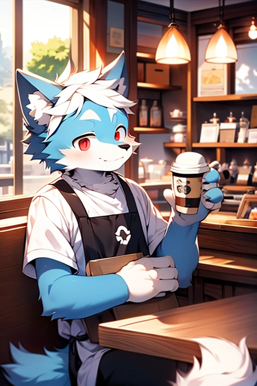 (Light blue fur, Fine fur, Red Eyes, white hair), Lovely, permanent, Masterpiece, high resolution, 8K, Detailed background, high quality, Boys, male, (through dagashi: 1.1), Solitary, apron, Coffee Shop, Smile,