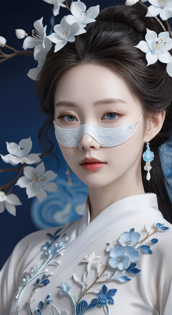 close up of a woman wearing a white dress and a medical mask, concept art inspired by Huang Ji, trending on cg society, fantasy art, white hanfu, ethereal beauty, xianxia fantasy , Chinese style, a beautiful imaginary princess, pale milky white porcelain skin, ((a beautiful imaginary princess)), porcelain white skin, beautiful Chinese model, pale skin skin as white as pale snow