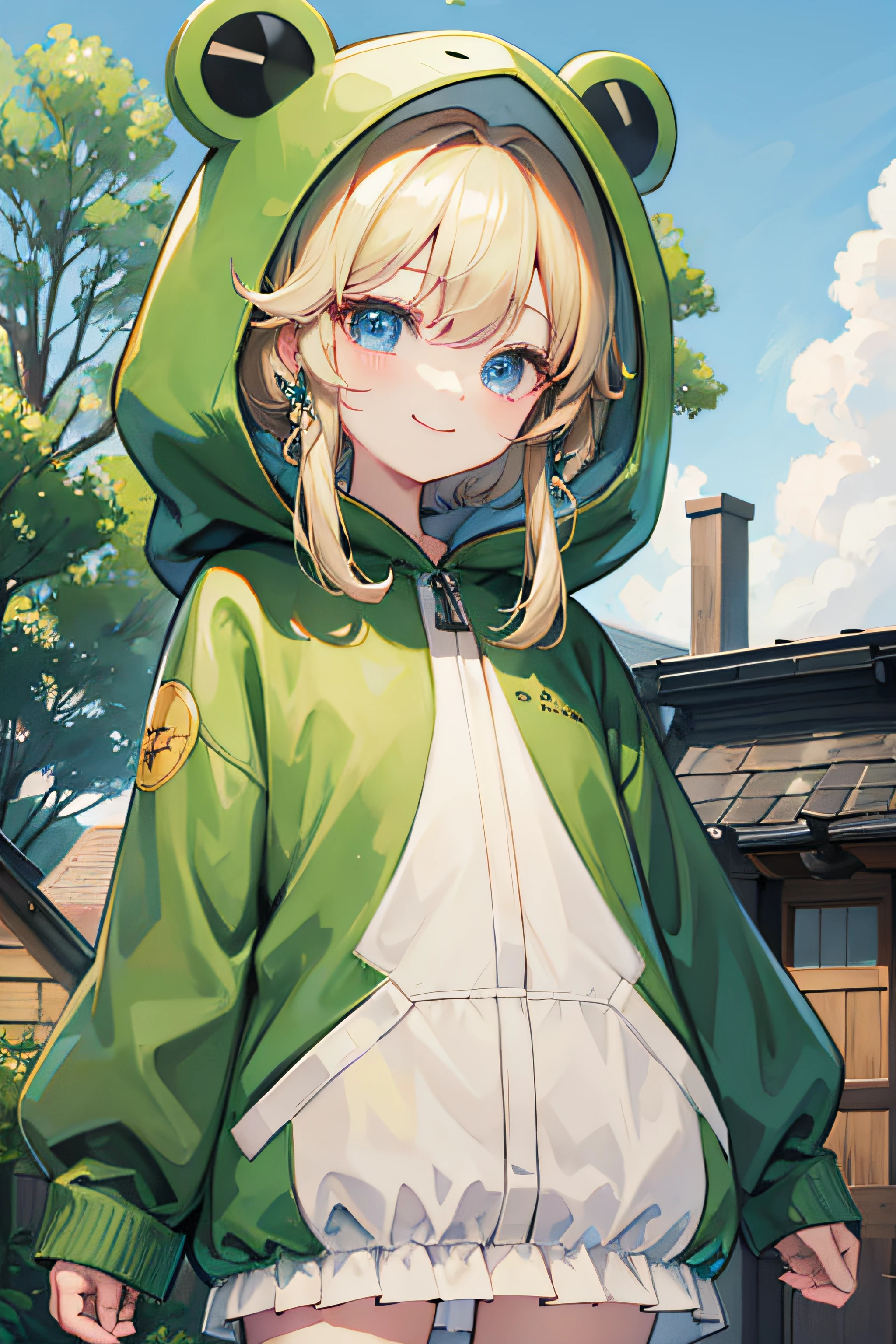 top-quality、masterpiece、ultra-definition、top-quality、Frog Costume B、Frog costume、Animal costume、a blond、(Ome 1.5)、Sateen、outside of house、Little people々々々々々々々々々々々々々々々々々々々々々々々々々々々々々々々々々々、parka、A smile