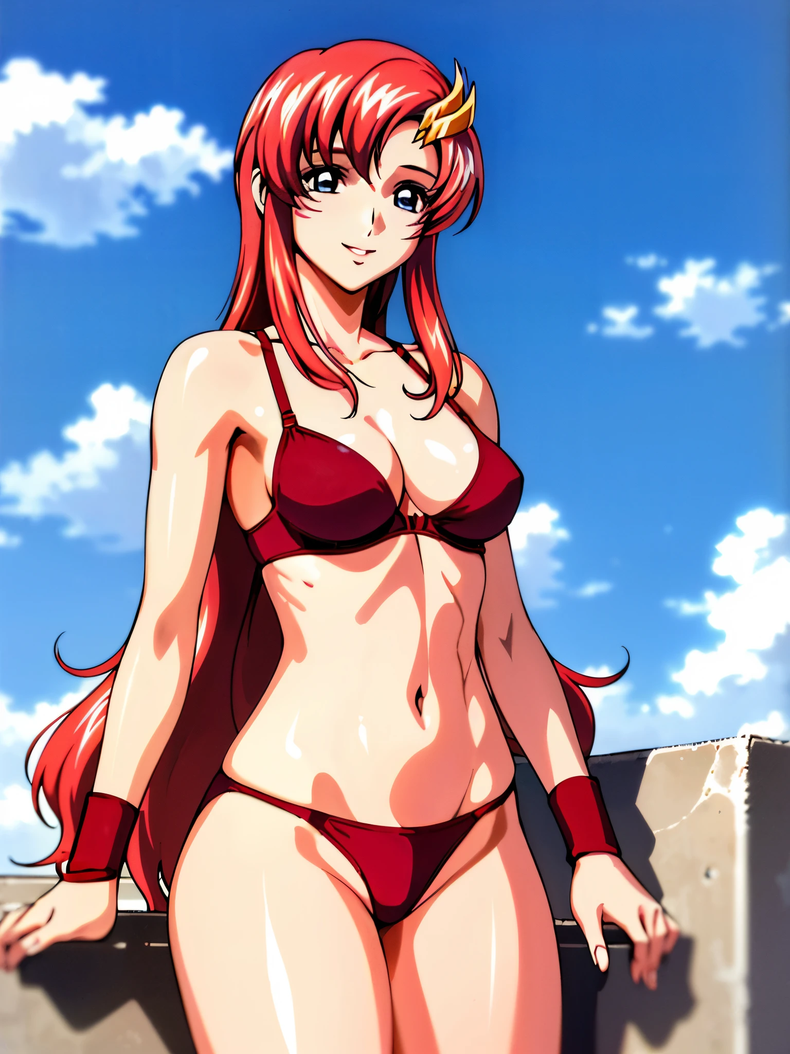 lacus4, (red bikini, running, mini thong, thin girl, masterpiece, cowboy shot, very slim shoulders, 4K, Best Quality, Anime style: 1.9, happy, Adult Woman, (ultra detailed head, ultra detailed head), (Crowd, cloud background), Drawing lines, high resolution, lacus4), 1girl, Solo, curvy figure, clavicle, scapular, (Detailed wide hair bangs, Hair Ornament, Detailed reddish-pink hair, shiny streaks, slim arms, detailed golden crest), cleavage, large hands, (hair cover shoulders). (Big blue eyes, shiny eyes), ((female wrestler, (slim body), slim arms, SITTING on wall , thighs)), ((perfect proportions, medium-small breasts, medium thighs, long belly)), ((totally red bra, red arm band, red arm band)), smile with a wink, (standing, hot colors), detailed fingers, (bare shoulders)
