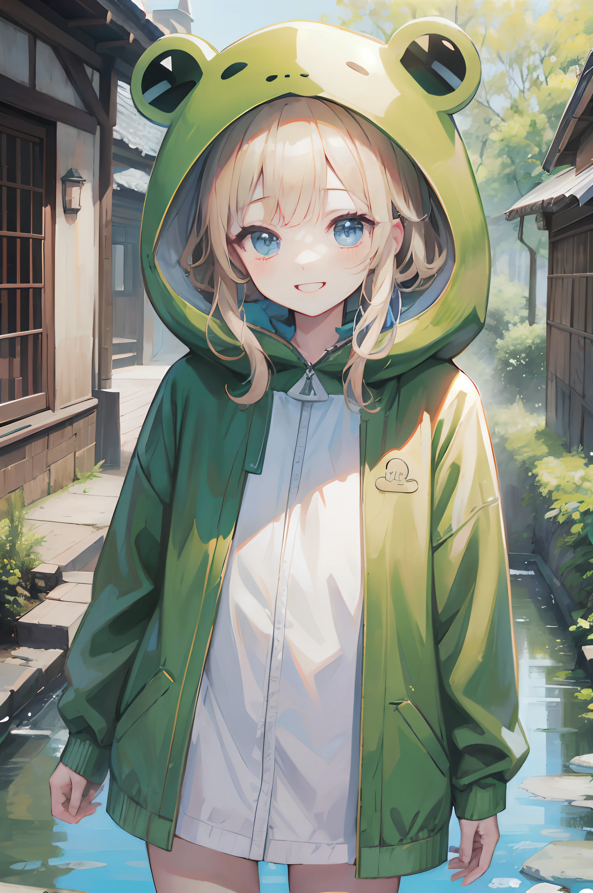 top-quality、masterpiece、ultra-definition、top-quality、Frog Costume B、Frog costume、Animal Costume、a blond、(Aome 1.5)、Sateen、outside of house、puddles、Little people々々々々々々々々々々々々々々々々々々々々々々々々々々々々々々々々々、parka、a smile