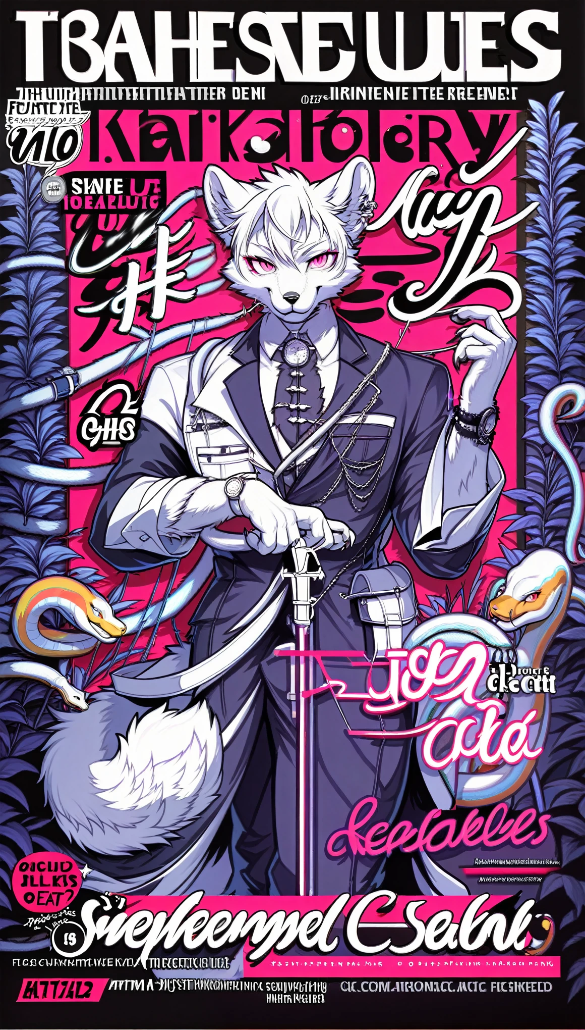 (cover page, best quality, high resolution, ultra-detailed)silhouett(kemono, furry anthro)holding striking pocket watch, surrounded by flowers, snakes and darkness, illustrative rendering, intricate details, mysterious atmosphere, vibrant colors, dynamic lighting , Gothic style,