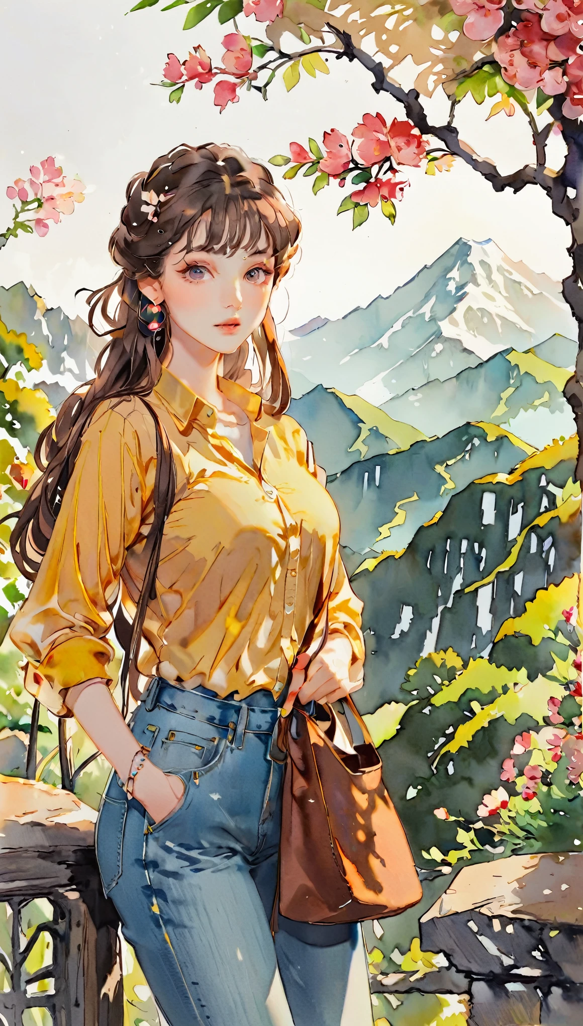 (((paper cutting style))), 1 girl, curry long hair, brown hair, portfolio, shirts, denim, mountain
