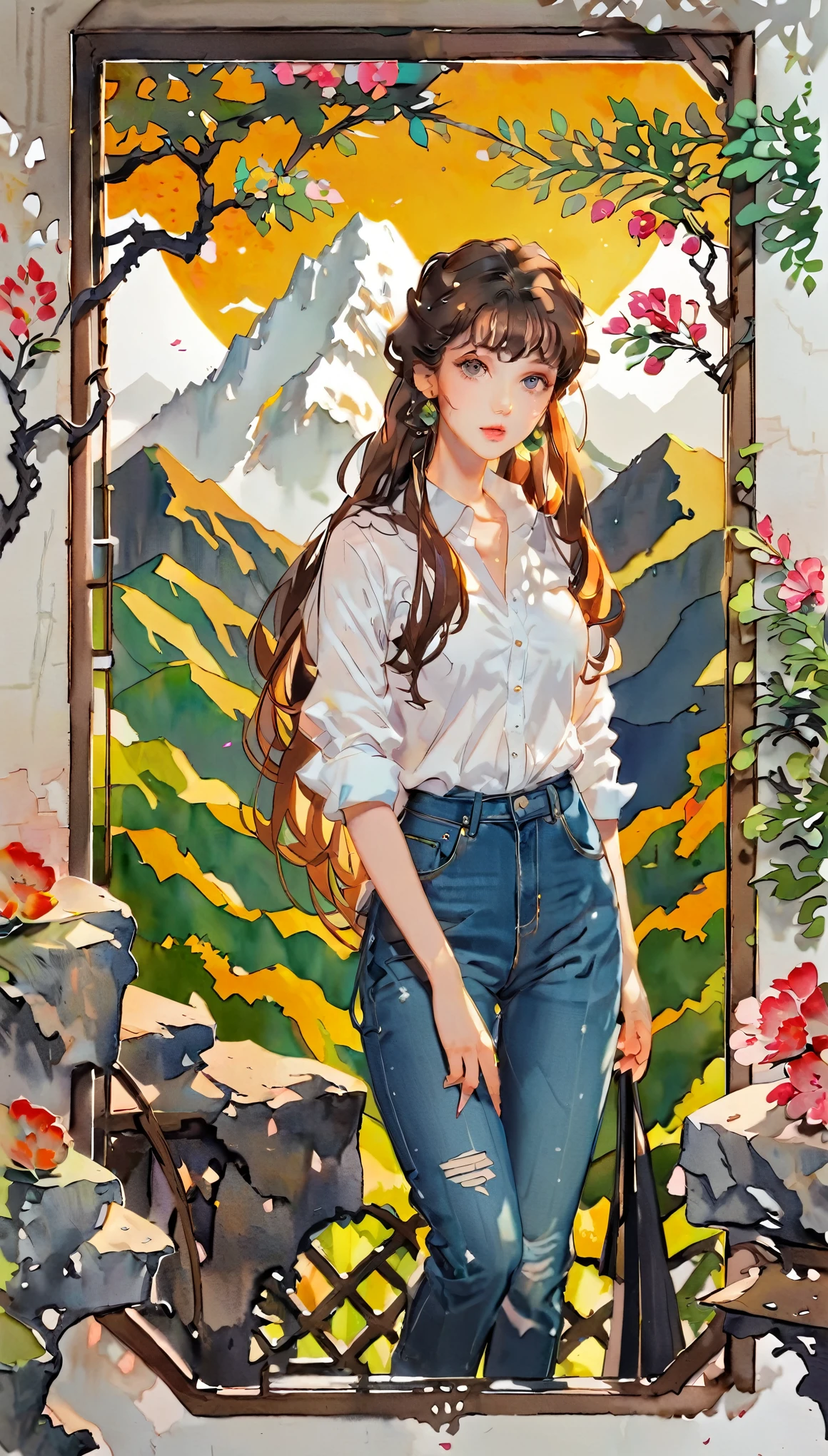 (((paper cutting style))), 1 girl, curry long hair, brown hair, portfolio, shirts, denim, mountain