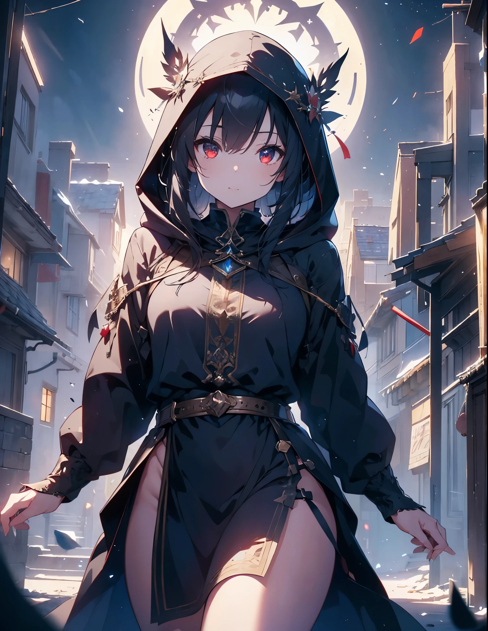 a detailed assassin girl in a medieval european town, beautiful detailed eyes and face, longeyelashes, wearing a hooded assassin costume, standing on the roof of a building, red eyes that shine in the moonlight, fantasy world, atmospheric perspective, lens flare, 4k, 8k, highres, masterpiece, ultra-detailed, realistic, photorealistic, HDR, UHD, studio lighting, ultra-fine painting, sharp focus, physically-based rendering, extreme detail description, professional, vivid colors, bokeh, colored pencil, pale color, anime