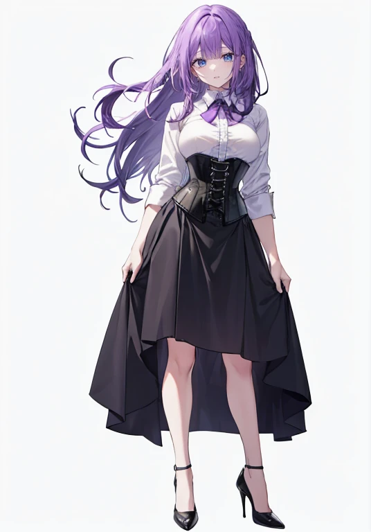 ((Perfect Face)),Purple Hair,long hair, female,White shirt,((Shirt with rolled up sleeves)),(((Roll up your sleeves))),((corset)),skirt,(High heels),((Simple White Background)),((full body)),((Full Body)),