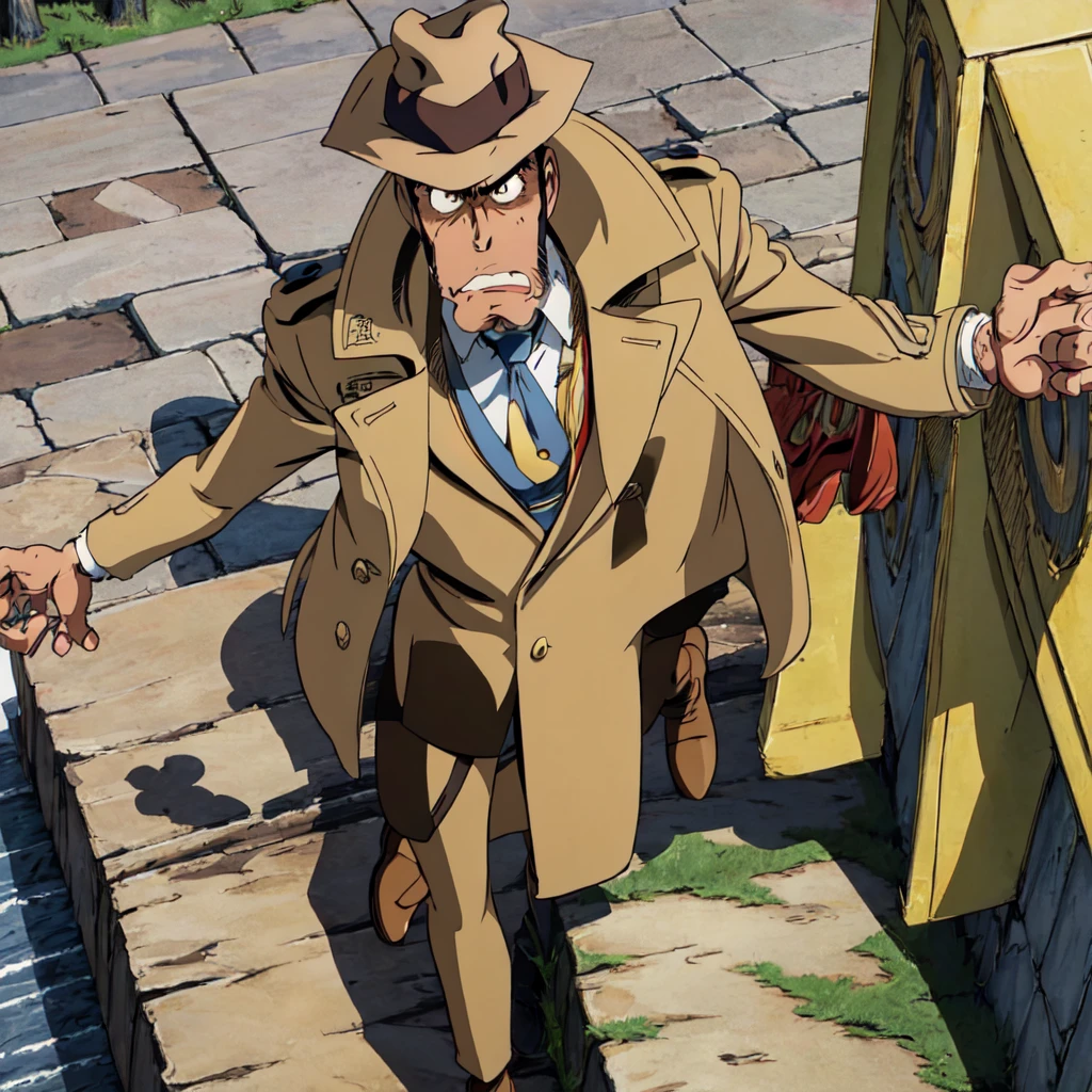 zenigata,trench coat,
(highest quality, masterpiece, RAW Photos,Super detailed:1.2), alone,View Viewer, Angry, Bust Shot, From above,