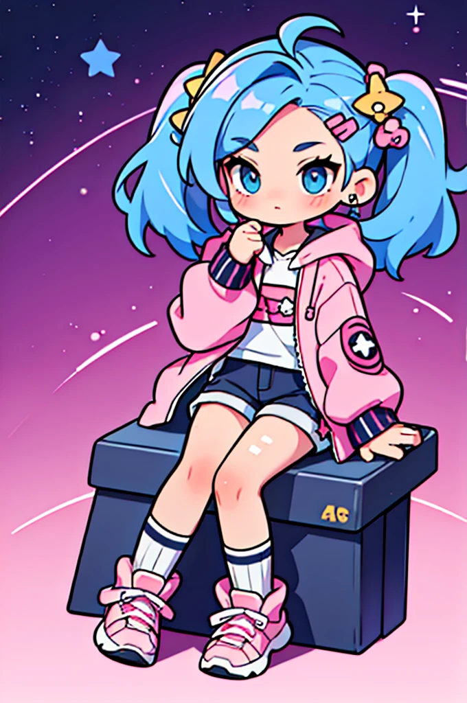 masterpiece, best quality, 8k, cinematic light, ultra high res, chibi, 1girl, bag, backpack, solo, multicolored hair, shorts, star \, (symbol\), blue hair, hood, sitting, pink hair, star hair ornament, head rest, socks, pink footwear, black shorts, hair ornament, full body, boots, bandaid, gradient, twintails, jacket,
