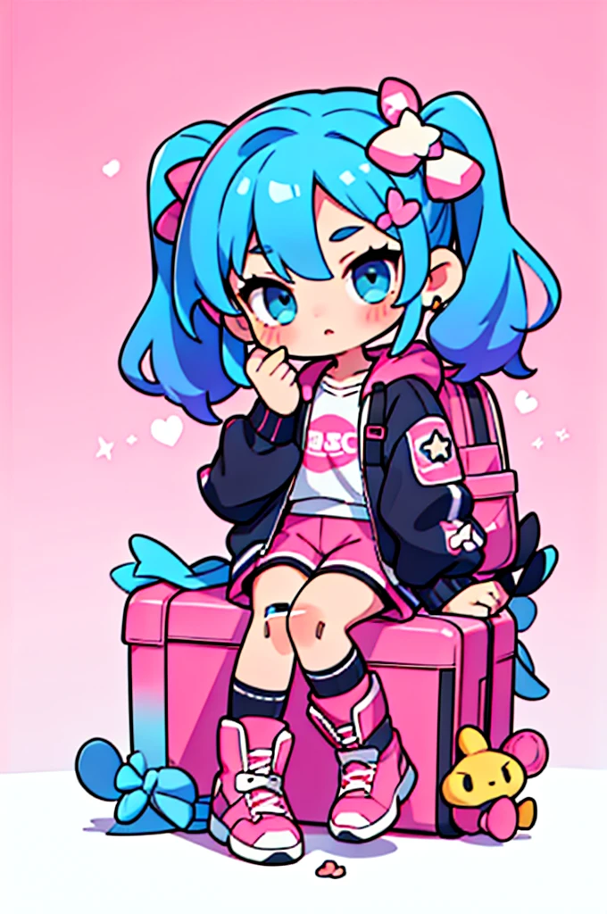 masterpiece, best quality, 8k, cinematic light, ultra high res, chibi, 1girl, bag, backpack, solo, multicolored hair, shorts, star \, (symbol\), blue hair, hood, sitting, pink hair, star hair ornament, head rest, socks, pink footwear, black shorts, hair ornament, full body, boots, bandaid, gradient, twintails, jacket,