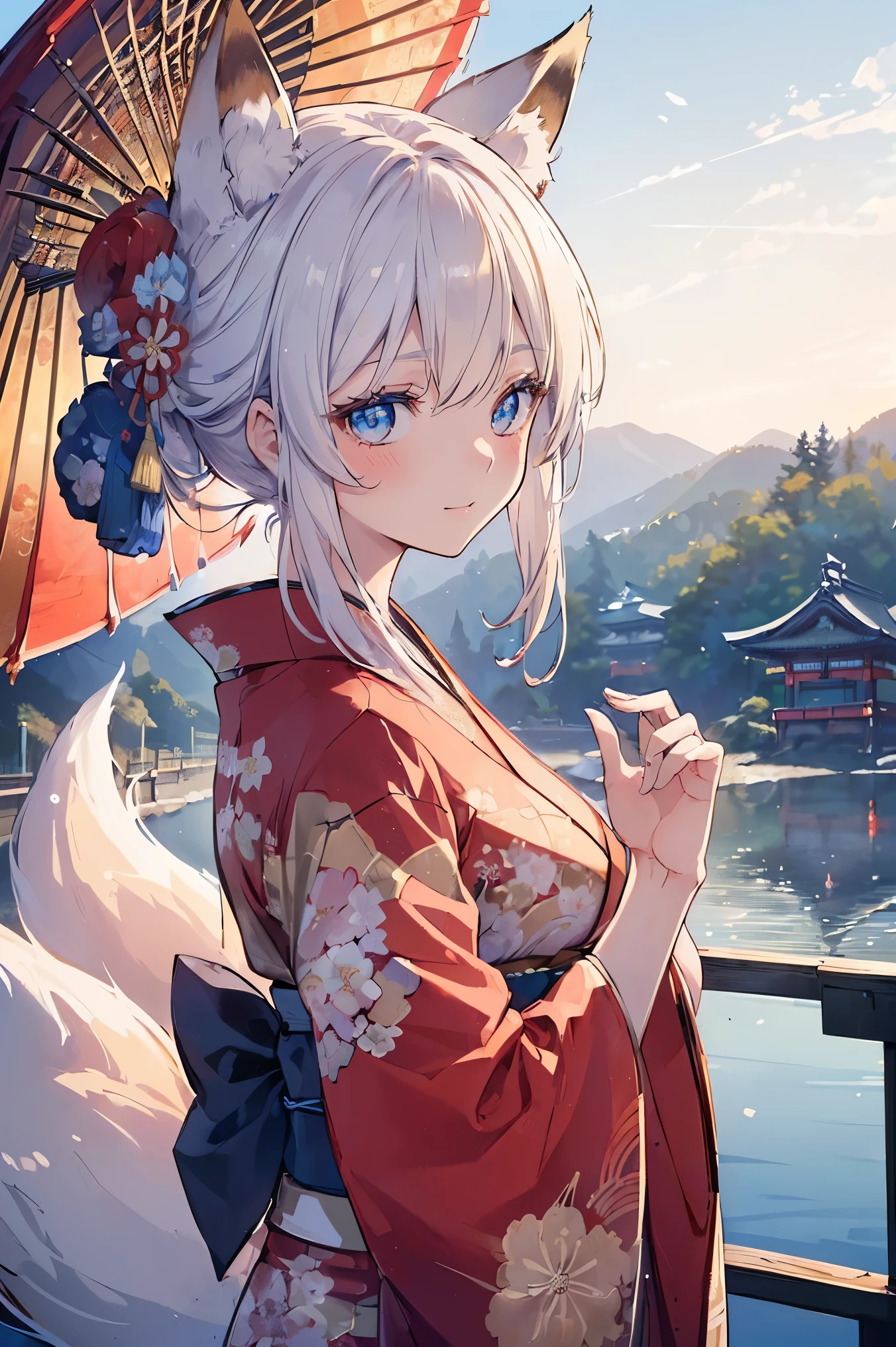 (((masterpiece))), (((highest quality))), ((Super detailed)), ((Ultra-fine illustrations)), ((Ultra-fine painting)), (16K highest qualityの壁紙:1.4), (Upper Body:1.6), High resolution, (Highly detailed and subtle illustration style:1.8), Detailed skin texture, Detailed cloth texture, Very detailed explanation, (Tmasterpiece), (Highly detailed face:1.2), (Very detailed fox ears:1.2), (Very elaborate shiny golden brown half updo:1.2), (Highly detailed clear blue eye:1.2), original, RAW Photos, Professional, Intricate details, Super Detail, Direct sunlight:1.6, (Perfect Anatomy:1.4), (Extremely elaborate hands:1.2), (Highly detailed fingers:1.2), (Very dexterous fingers:1.2), (27 years old), Genuine, (alone:1.8), ((She wore a bright red floral kimono、Very beautiful and attractive fox fashion model with blue eyes:1.4)) brake (Beautiful and adorable fox ears:1.6), (Very detailed and delicate fox ears:1.4), (Beautiful and well-shaped big breasts:1.2), (Beautiful and shapely butt), (Beautiful, shining golden brown half-up hairstyle:1.4), (Very delicate and beautiful golden brown half-up hairstyle:1.2), (Clear blue eyes that shine beautifully in every detail:1.6), (Very delicate and delicate blue eyes:1.2), (Highly detailed face:1.4), (smile:1.5), (blush:1.4), (View Viewer:1.4), (celebration:1.4) brake (Bright red floral print furisode:1.4), (Japanese traditional clothing:1.2) brake (Concept Art:1.2), (Detailed fantasy art:1.2) brake (Highly detailed and delicate Ise Shrine in Mie Prefecture in the background just after noon in spring:1.6), (celebration:1.4), Ise Shrine:1.4, Ise Shrineの鳥居:1.4, Very beautiful against the clear sky after noon.:1.4 brake