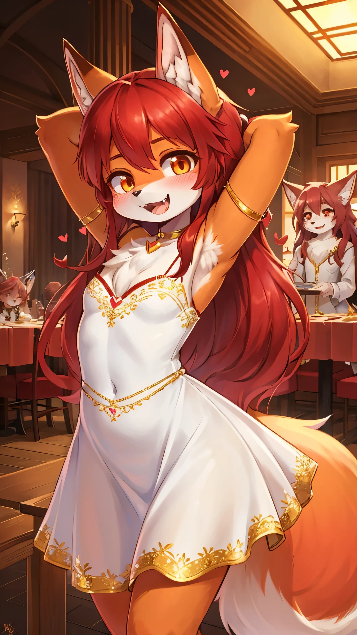 best quality,best resolution,(fluffy anthro furry :1.6),(young :1.8),fox girl,flat chest,(red hair :1.6),long hair,wavy hair,orange eyes,glistering eyes,sparkle eyes,ultra detailed eyes,(orange fur),(white dress with gold embroidery),heart choker,floral hair ornaments,gold bracelets,gorgeous restaurant,chanderia,sparkle stars surrounded,romantic light,full face blush,looking at viewer,heart expression eyes,heart eyes,naughty face,smile,armpits,very close eyes,open mouth,fangs