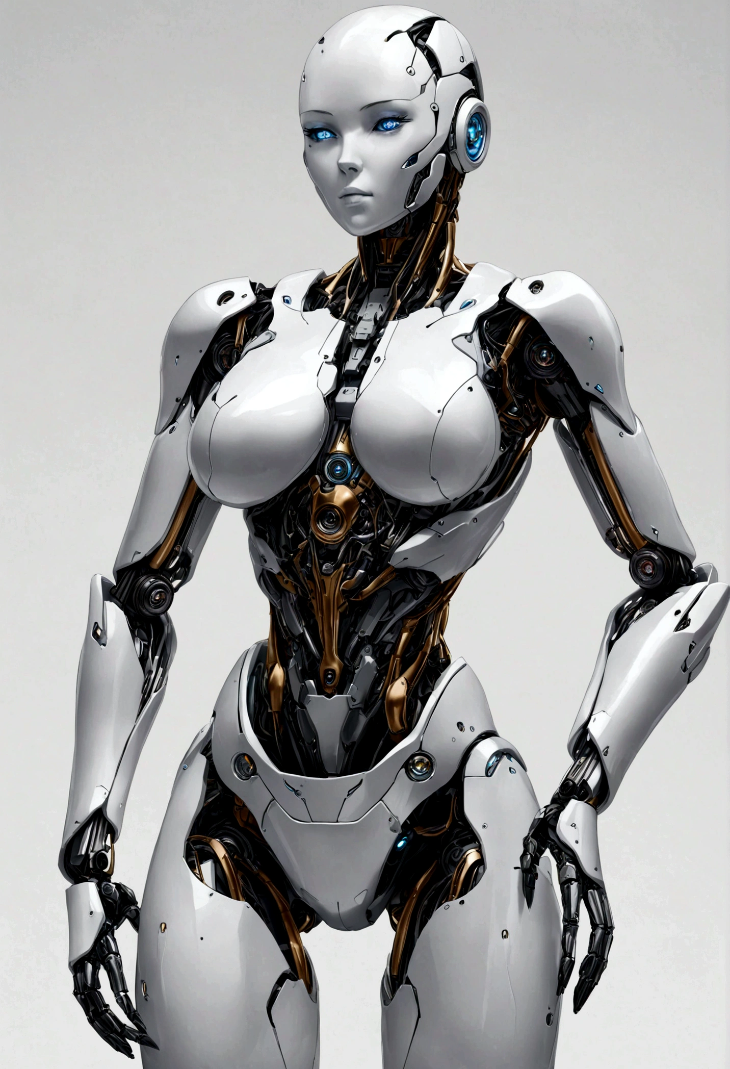 body, body, woman, Ultra-realistic, robot, cyborg, Plain background, Stands facing the spectators, super high quality, Metal, Dressed, (View your viewers), breasts,saggy,