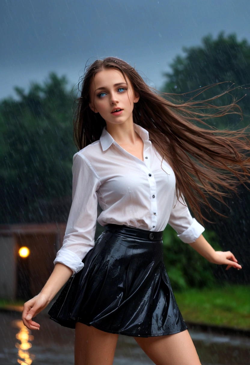 slavic 23 years old model dancing, medium breasts, big blue eyes, brown hair, white button shirt, black skirt, , cute, young, posing,very long hair, looking at viewers, rain, wet, professional lighting, euphoric, mana in the air,