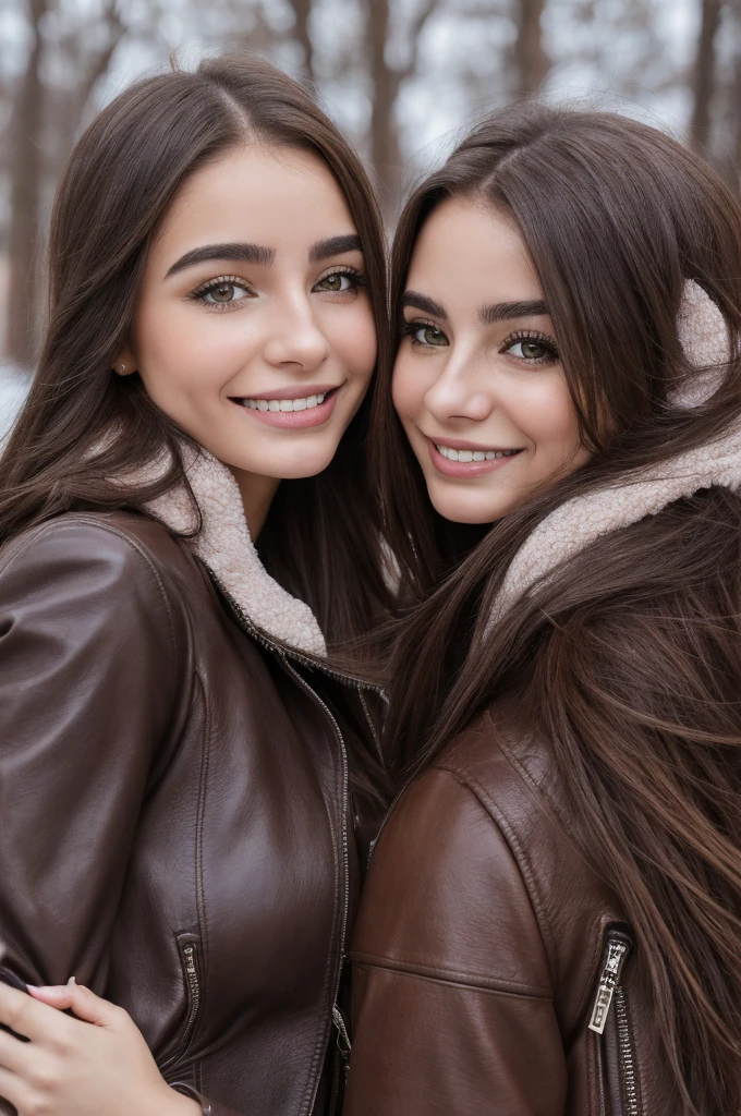 Professional photograph, best quality, 8K, hyper detailed, half body, A close up portrait of two gorgeous, beautiful, wonderful women, Argentinian and spanish females together posing for the camera, both women have super long hair, argentinian girl has dark brown hair and spanish girl has light brown hair, the both of them are wearing winter outfits, both girls are wearing leather jackets. Both women are wonderful, dream, ethereal, timeless, majestic beauties from Argentina and Spain. Hispan dream beauties who comes to the hearts. They're glad, smiling and enjoying a day at park in winter. True friendship, they pose happy for the camera.
