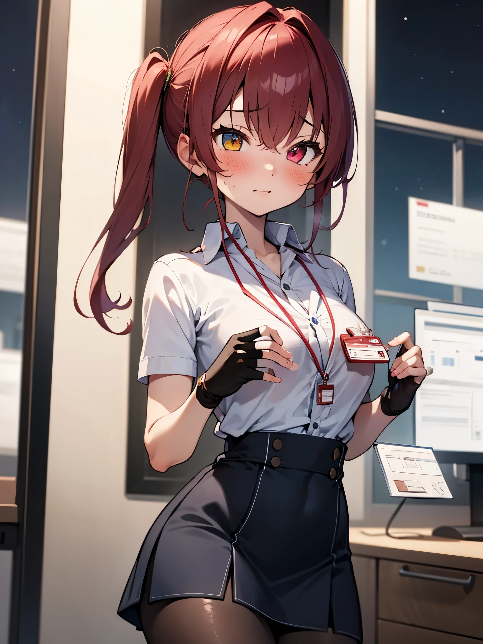 NSFW,One girl,Heterochromia iridis,Collared shirt、No sleeve、High Waist Skirt、pantyhose、Fingerless gloves、ID card,Office at night,(Perfect hands),(Perfect Anatomy),(masterpiece),(highest quality),Embarrassed,blush