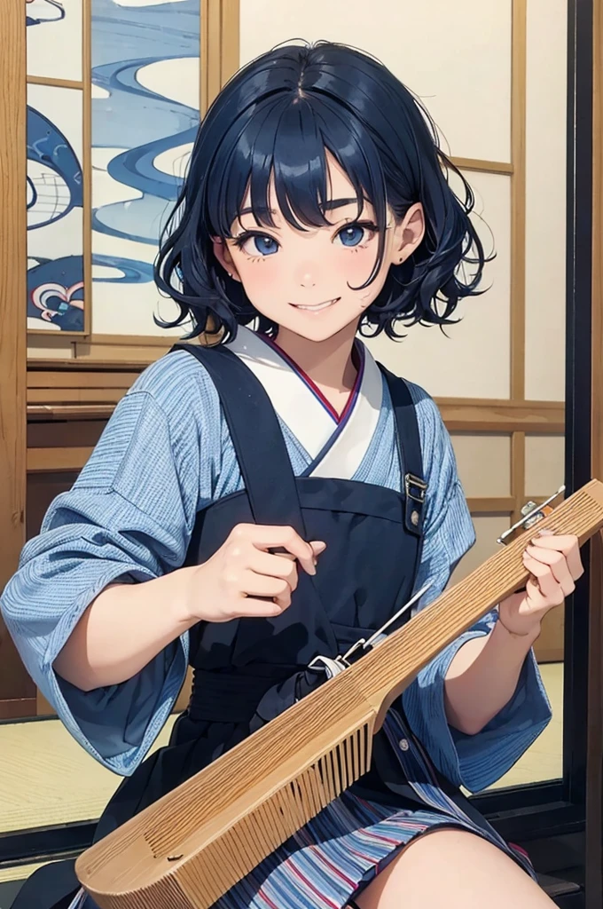 (masterpiece, highest quality:1.1), Popart Style,(Flat Color),(One Girl Playing japanese koto),enjoy playing,smile,at kyoto Japan,BREAK,(tween,(darkblue wavy-short hair),parallel eyebrows),