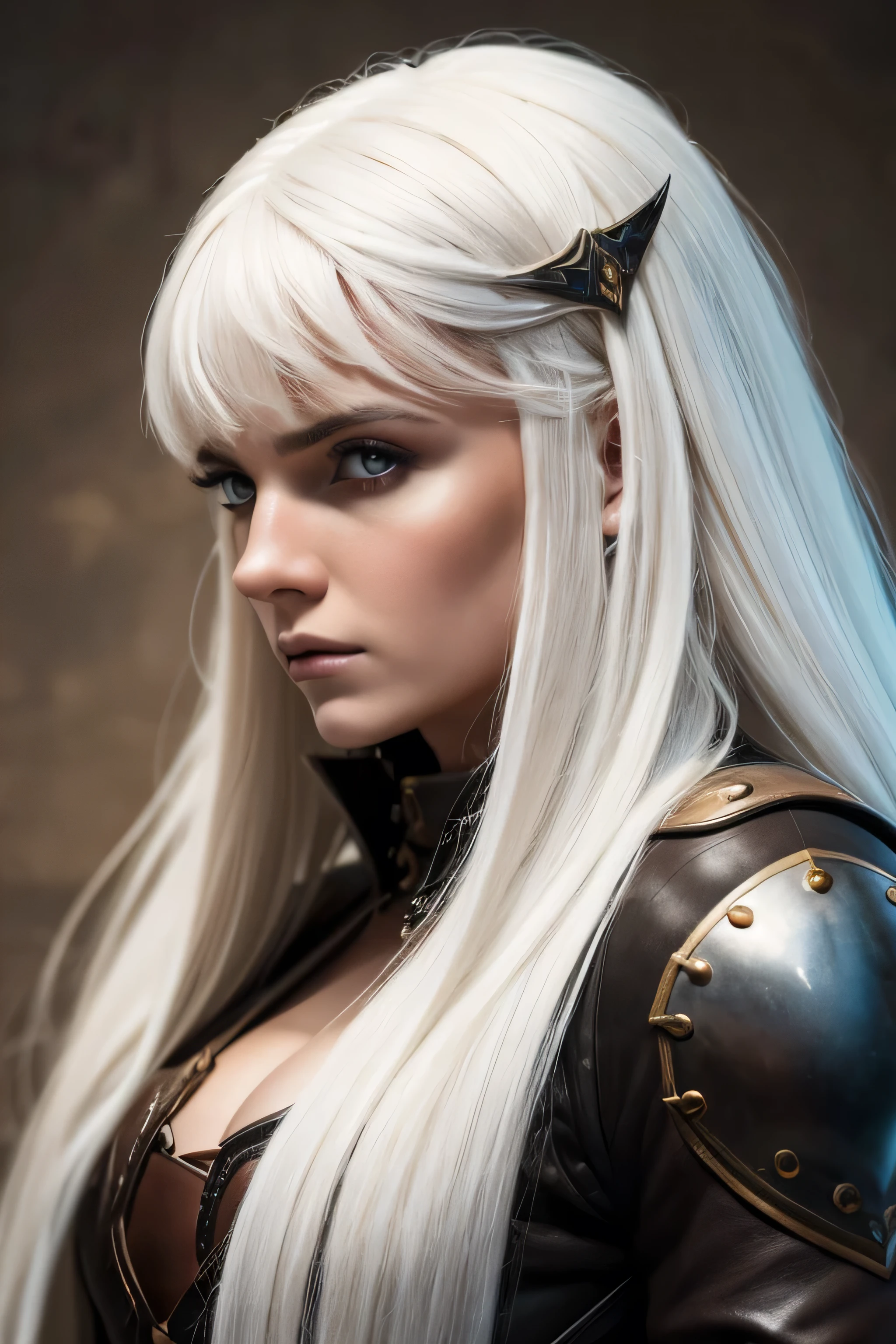 1 female medival fighter, long white hair, wearing leather, 25 years old, absurdres, high res, ultrasharp, 8K, masterpiece, the image should be of absurd resolution and high detail. It should be ultra-sharp and available in 8K resolution, representing a masterpiece in image quality.