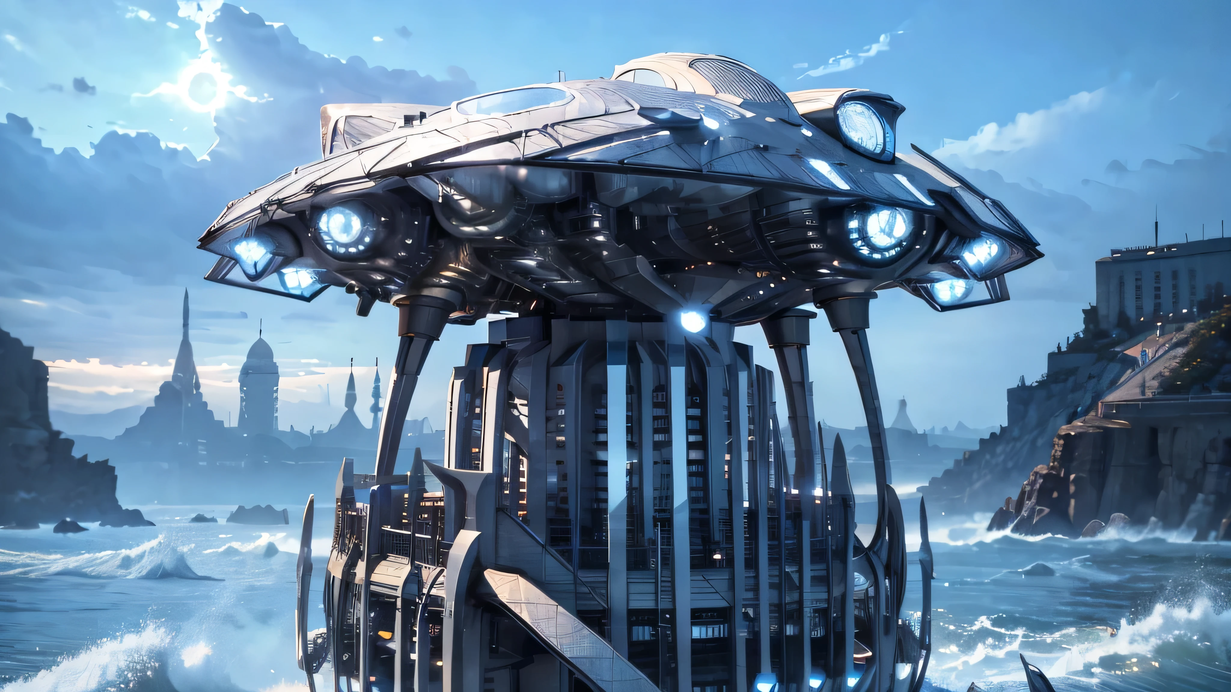 A futuristic city with flying cars and holographic displays, connected by spiral bridges over an ethereal ocean. The sky is a clear blue, and the buildings have metallic textures. In one corner of the scene, there is a large floating structure resembling the torus symbol, glowing in shades of a white to light blue gradient. A drone flies above it, capturing its majestic presence against the backdrop of the distant planet，Swarovski Sunset（No characters)