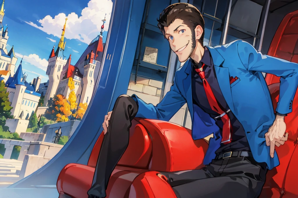 Lupinus, Blue jacket, Black Shirt、Red tie, smile, One boy, In the background is Neuschwanstein Castle