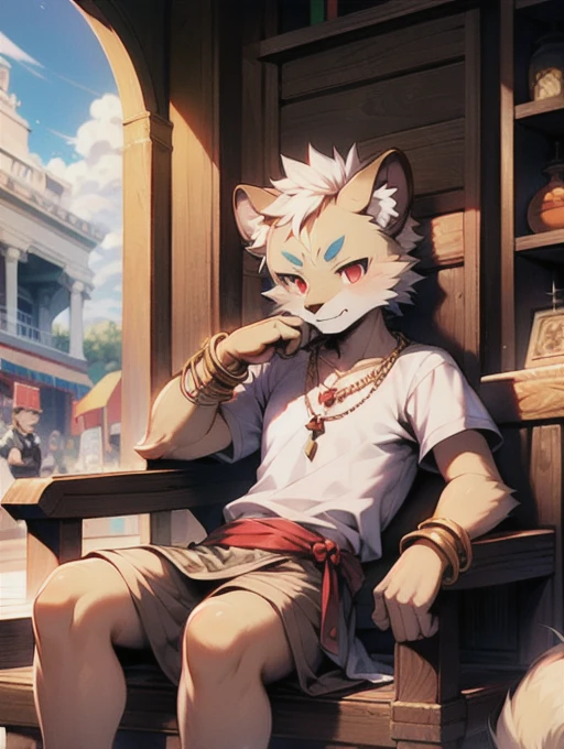 rest, Masterpiece, high resolution, 8K, Detailed background, high quality, rest, rest, (fur, Black sclera, Red Eyes, 蓬松的fur, 细致的fur)) hairy, shattered, male, Boys, human creature, Kafu Toshio, Loin cloth (ancient greek architecture, market, necklace, bracelet), Solitary, (through dagashi: 0.8)