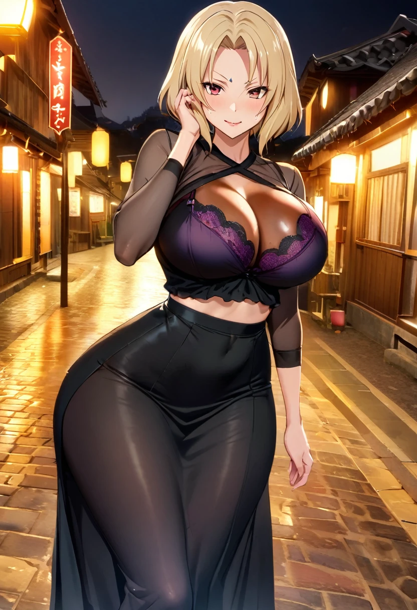 Character: tsunade senju, wearing black saree, bra instead of a blouse, background: konoha village street, oily skin, oiled skin, glycerin 