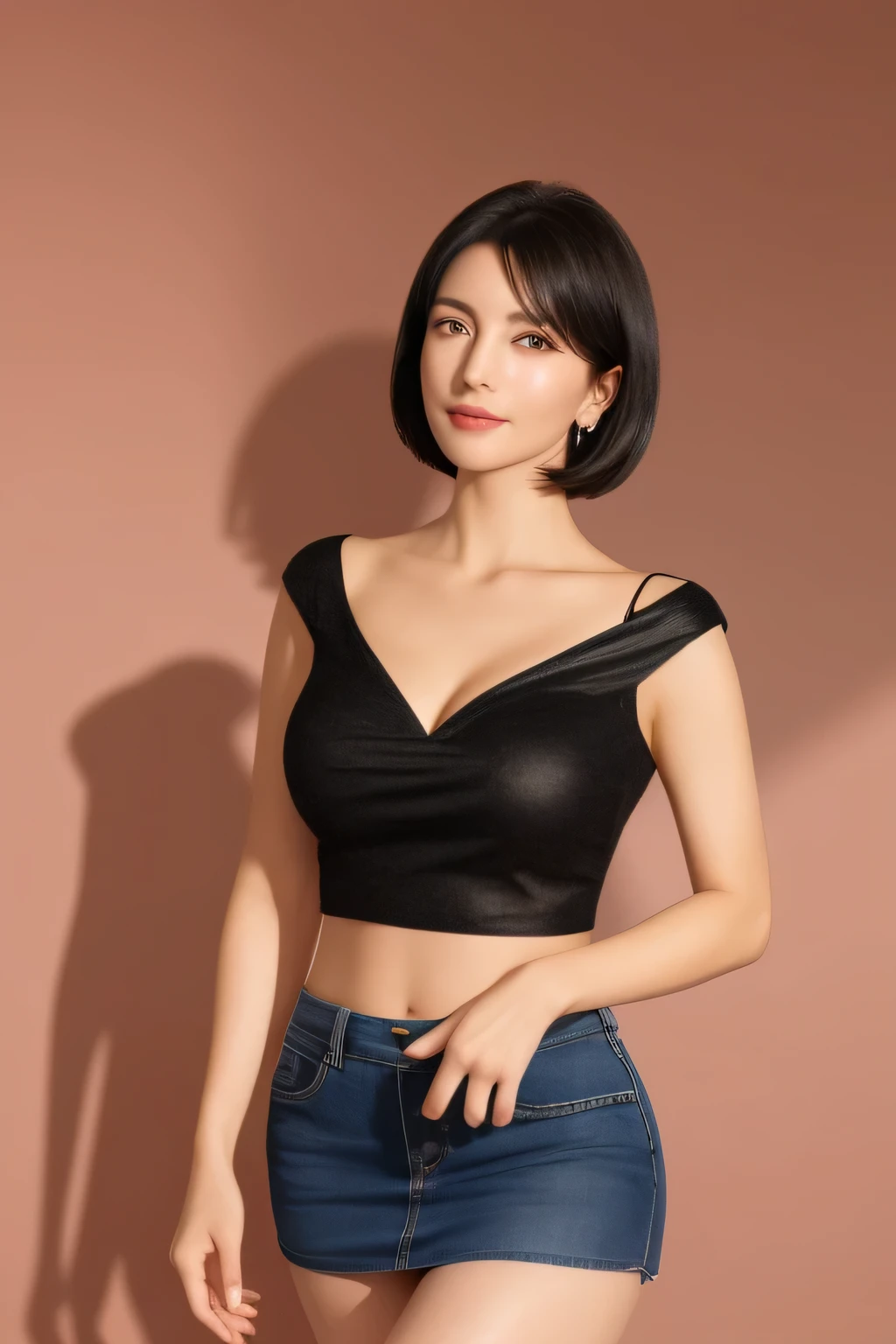 1 female, 50 years old, Super detailed顔, Detailed lips, Detailed Eyes, double eyelid, Glowing Skin, With pride, Very detailed, Super detailed, 超A high resolution, Ezvian everywhere, (Realistic:1.4), (highest quality), (Best Shadow), detailed, Perfect lighting, Black-haired、Short-haired, Blouse and tight mini skirt, (Large Breasts), Thighs