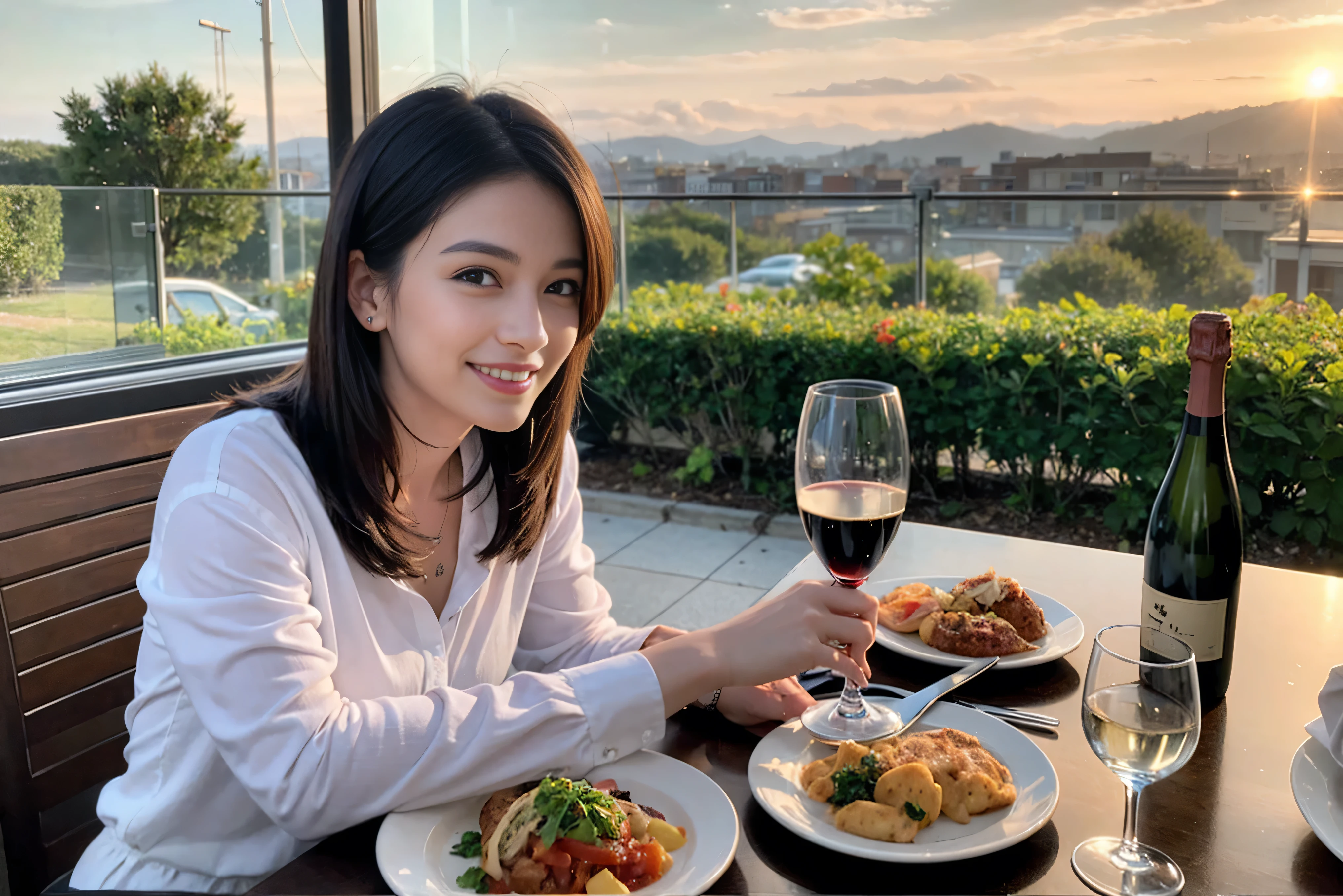 ((highest quality、8k、masterpiece:1.3))、1 male 1 female、lover、spouse、Beautiful couple、smile、full-course dinner、 (Slim face), (the body is スリム), (Brown Hair), (Shortcuts), ((Bob Hale、Straight hair:1.2)), Wine glass on the table、Put the light on your face、 Amazing view of the sunset sky and clouds、The beauty of a smile、Bright image、Blushing, Shortcuts, (Age 35), 39 years old, Appetizers、Italian food、Wine bottle、Champagne、sparkling wine、Long sleeve shirt、dress、Attractive beauty、restaurant, Nova Frog Style, actress, model, Upper Body, White wine, red wine, wine glass,