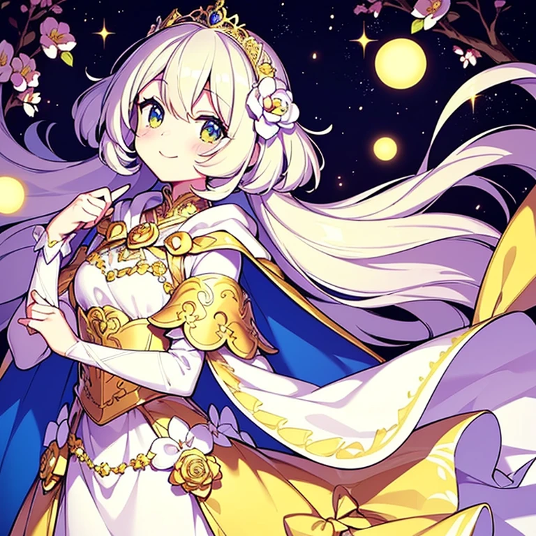 looking at viewer,(kawaii),(best quality),(ultra detailed), upper body,(rococo style),(long train pastel yellow cape:1.15), very long cape,(long train white ball gown with flower decorations:1.1), a girl is wearing a cape over her gown, 1 little princess, tiara, smile, very long hair, small breasts