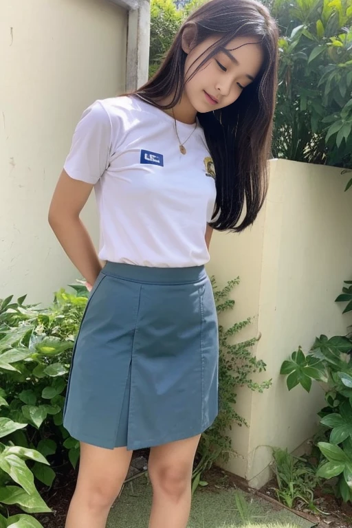 A  girl with Indonesia face, approximately 16 ye girl can be seen in the process of peeing. Standing. Wet patch. Incontinence (urination:1.5) (peeing in skirt) (facw view to camera)