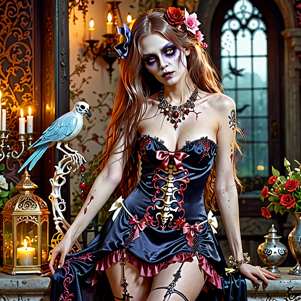 topless zombie girl, long bloody hair, seductive eyes, mysterious expression, mature appearance, charming dress, flowing short dress, elegant jewelry, intricate decoration, magic symbols, glowing accessories, potions, scrolls, cute accents, bows, ribbons, flowers, birds, skeleton