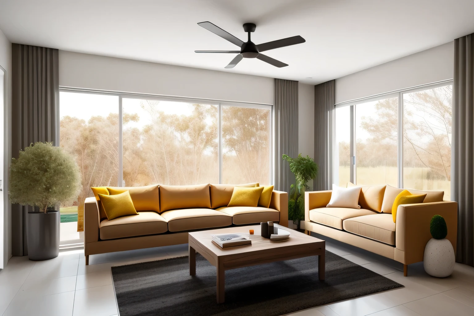 Interior Design: A fascinating European minimalist living room, Minimalist Nordic charm is subtly woven into the space.. The color palette is anchored by black ash elements to create a sophisticated foundation.. Brightly colored furniture pops against the clean background, adding a playful feel. Elegantly presented in 3D rendering, the multi-angle display is eye-catching and showcases the latest technology in a stylish and understated way.. Cozy interior lighting reminiscent of the latest trends thoughtfully illuminates the space and creates a warm and inviting atmosphere.. Large floor-to-ceiling windows flood the room with plenty of natural light.,high quality,