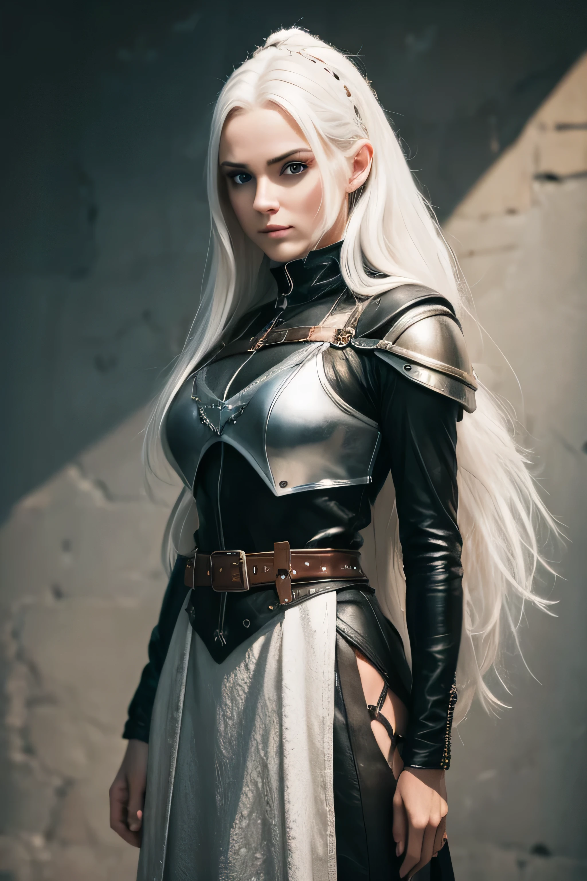 Beautiful albino Nordic woman. rubio, with ornate braided silver hair, with very light clothing, viking tattoos, blue eyes flirtatious look and wearing leather protectors on arms and forearms, short skirt made of leather strips and exposed abdomen, using light, tight armor and caressing her hair, stronger construction,
In dramatic poses and emotional facial gestures, resting on a sofa looking forward with dramatic lighting and a stone wall in the background