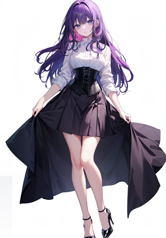 ((Perfect Face)),Purple Hair,long hair,Adult female,White shirt,((Shirt with rolled up sleeves)),(((Roll up your sleeves))),((corset)),skirt,(High heels),((Simple White Background)),((full body)),((Full Body)),