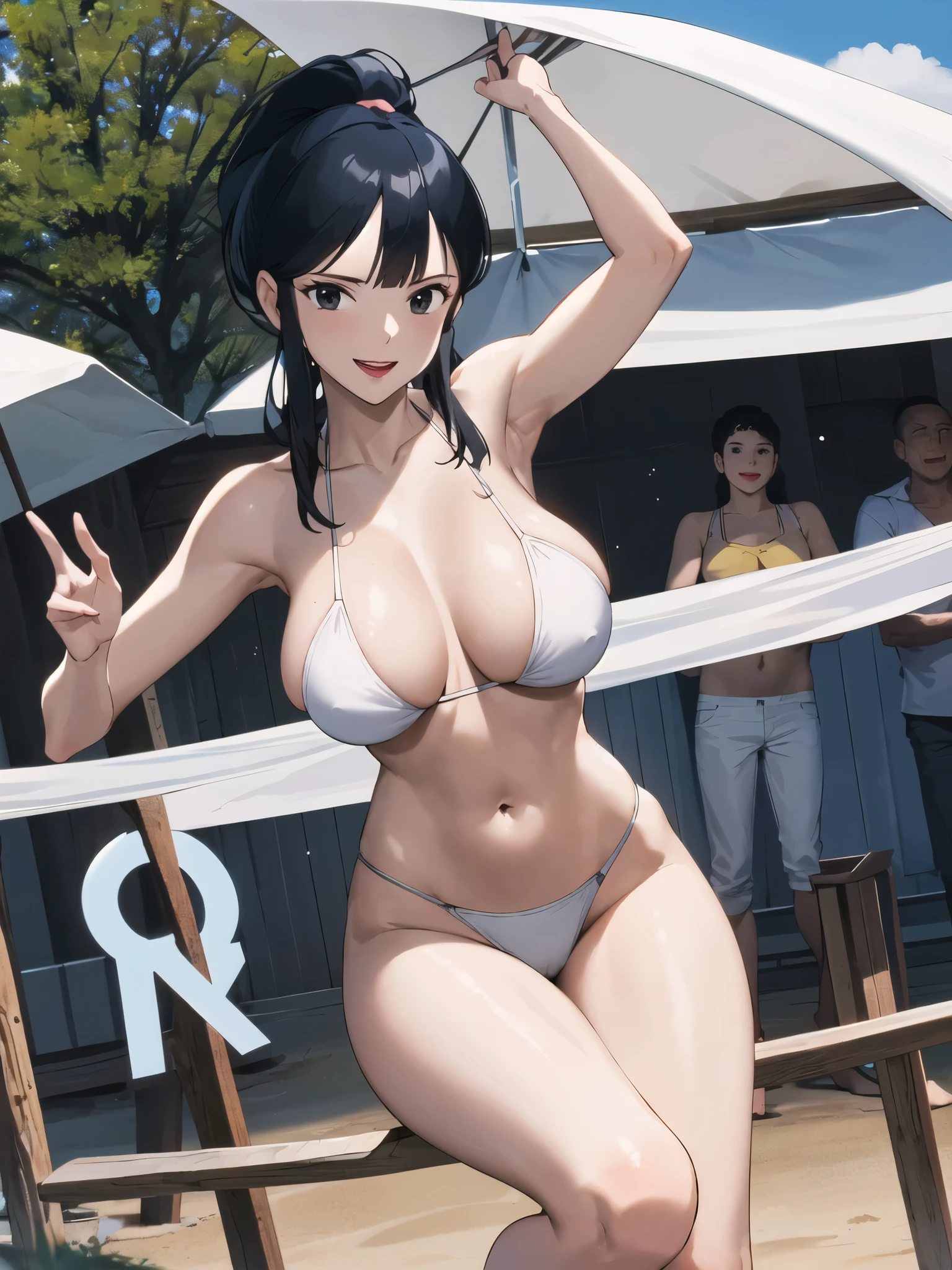 Armpit Show,boss, minure_woman, naked, Looking_in_Audience, Outdoor, White Bikini, High leg_Swimwear, null, black_hair, Thin thighs,  black eyes, big_chest, Light_smile,