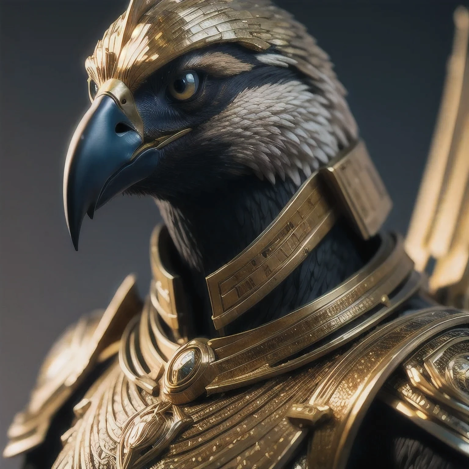 a close up of a statue of a bird with a golden head, high detail 8k render, high detail 8 k render, high detail 4k render, cinematic close-up bust shot, 8 k high detail and intricate, black aarakocra eagle warlord, intricate 8 k render, cinematic closeup!!, intricate 8 k detail, made in unreal engine 5