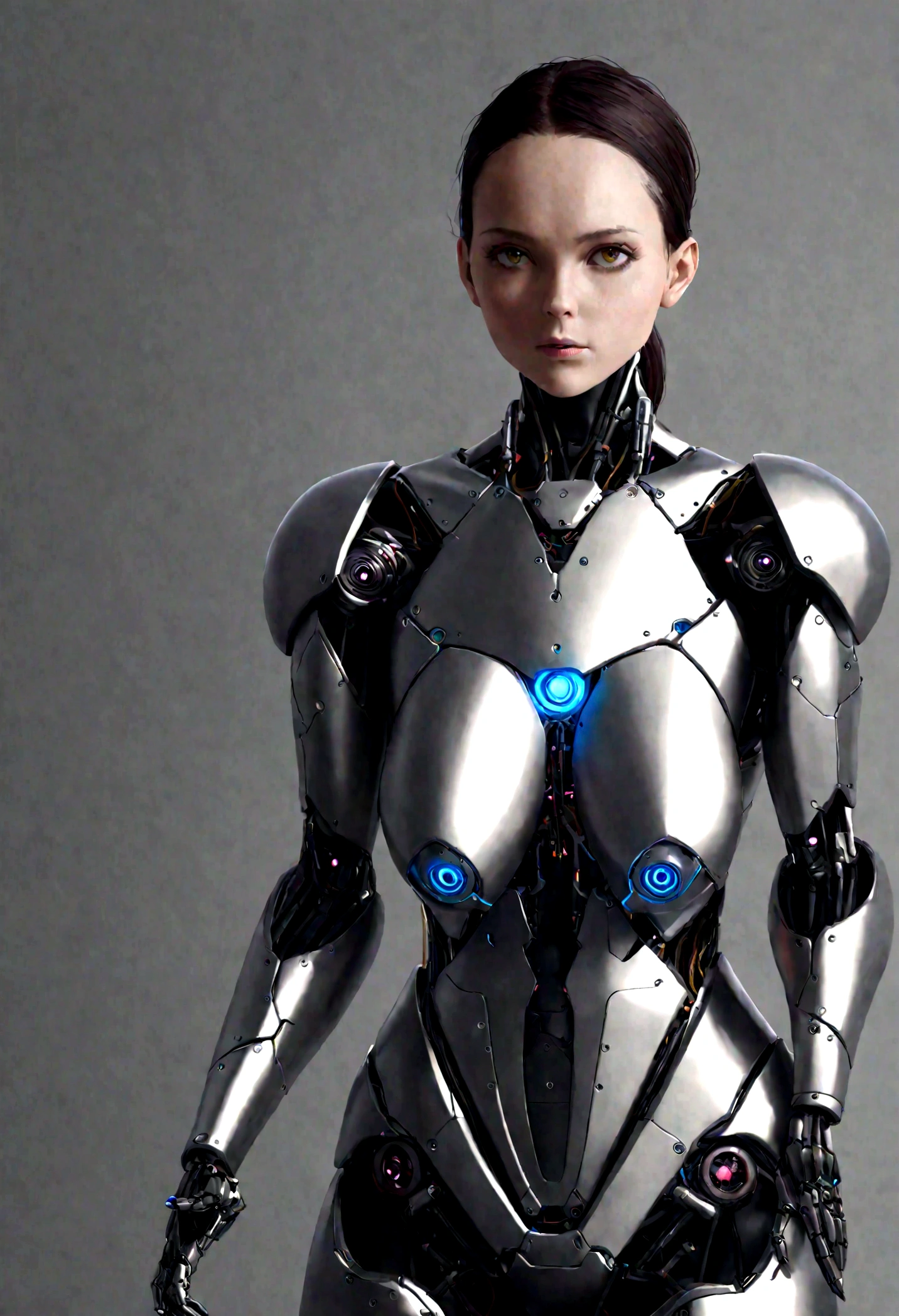 body, body, woman, Ultra-realistic, robot, cyborg, Plain background, Stands facing the spectators, super high quality, Metal, Dressed, (View your viewers), saggy,