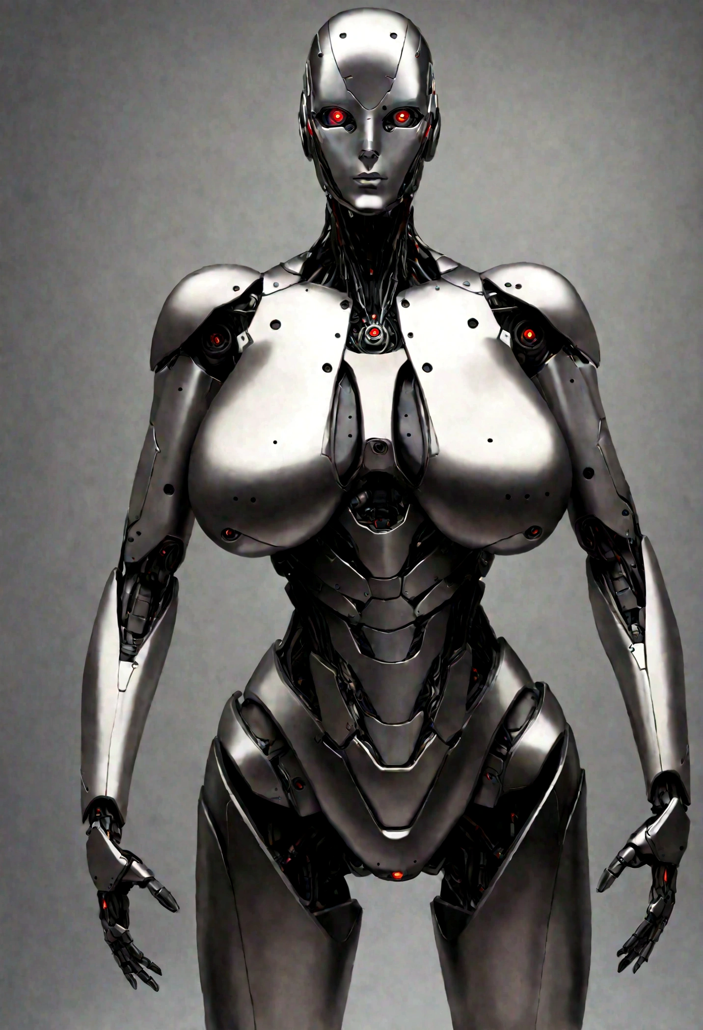 body, body, woman, Ultra-realistic, robot, cyborg, Plain background, Stands facing the spectators, super high quality, Metal, Dressed, (View your viewers), saggy,