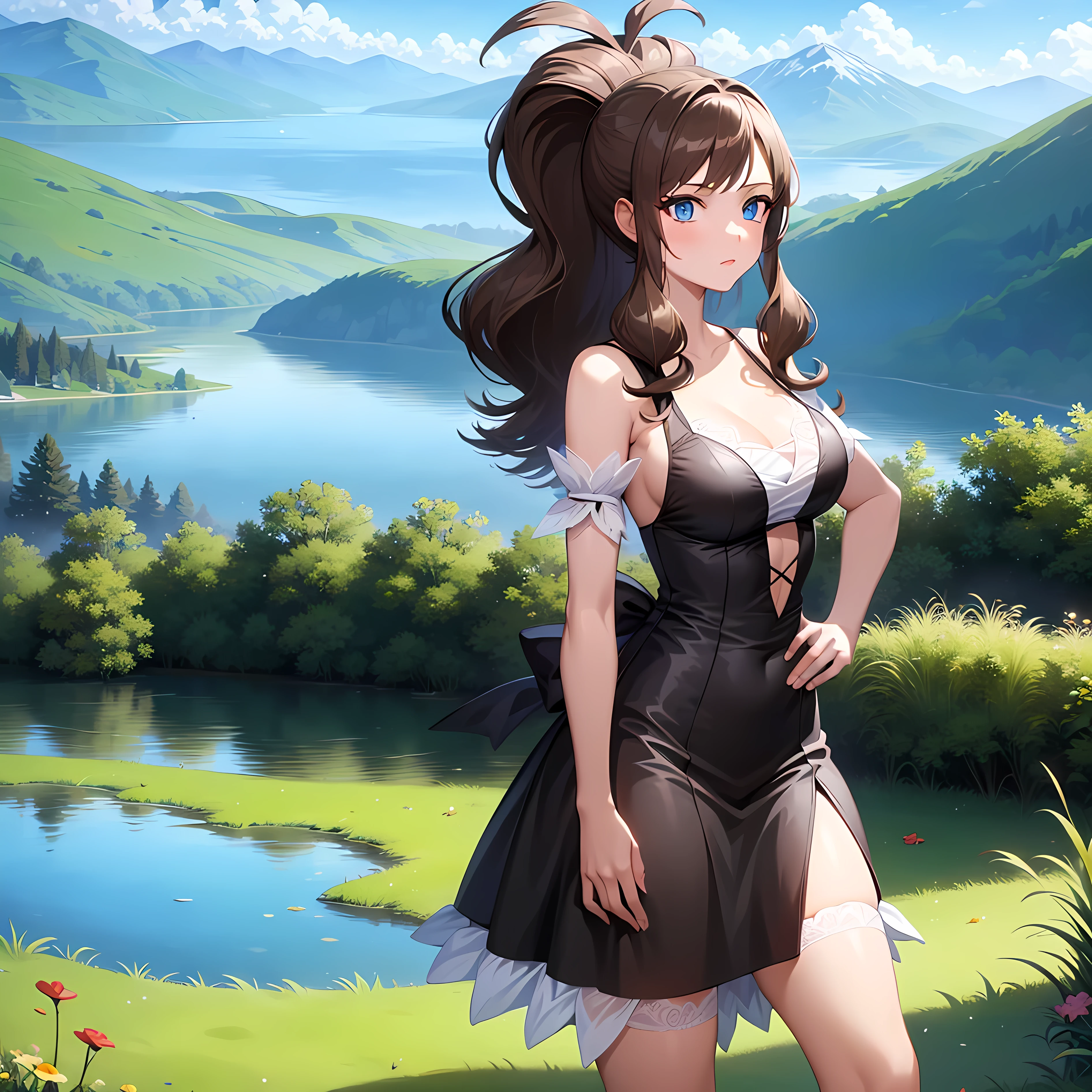 masterpiece, best quality, detailed, pov, 1girl, hilda, blue eyes, brown hair, long hair, ponytail, white lace lingerie smug, standing, grassy field, lake background, distant mountains background,