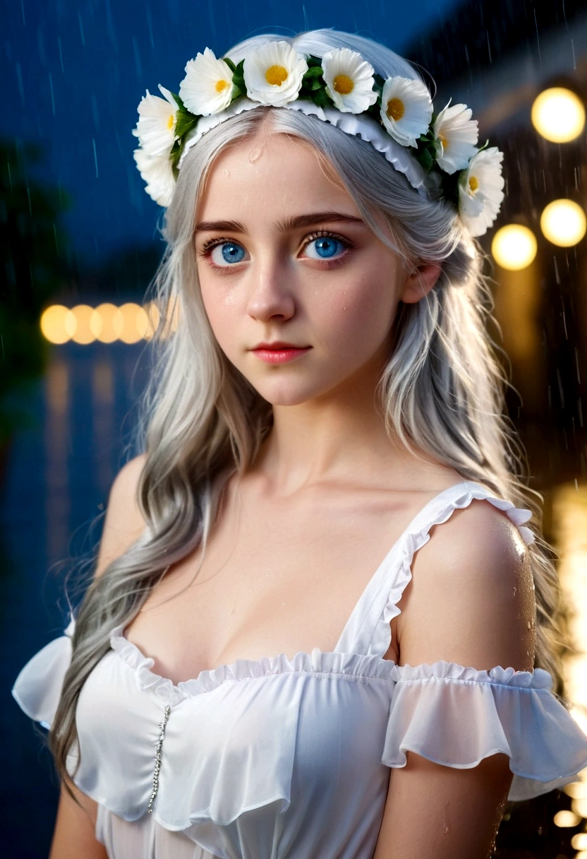 a woman, 23 years old, medium breasts, big blue eyes, silver hair, white dress with a lot of frill, cute, young, posing, very long hair,flower, headband, looking at viewers, rain, wet, professional lighting,