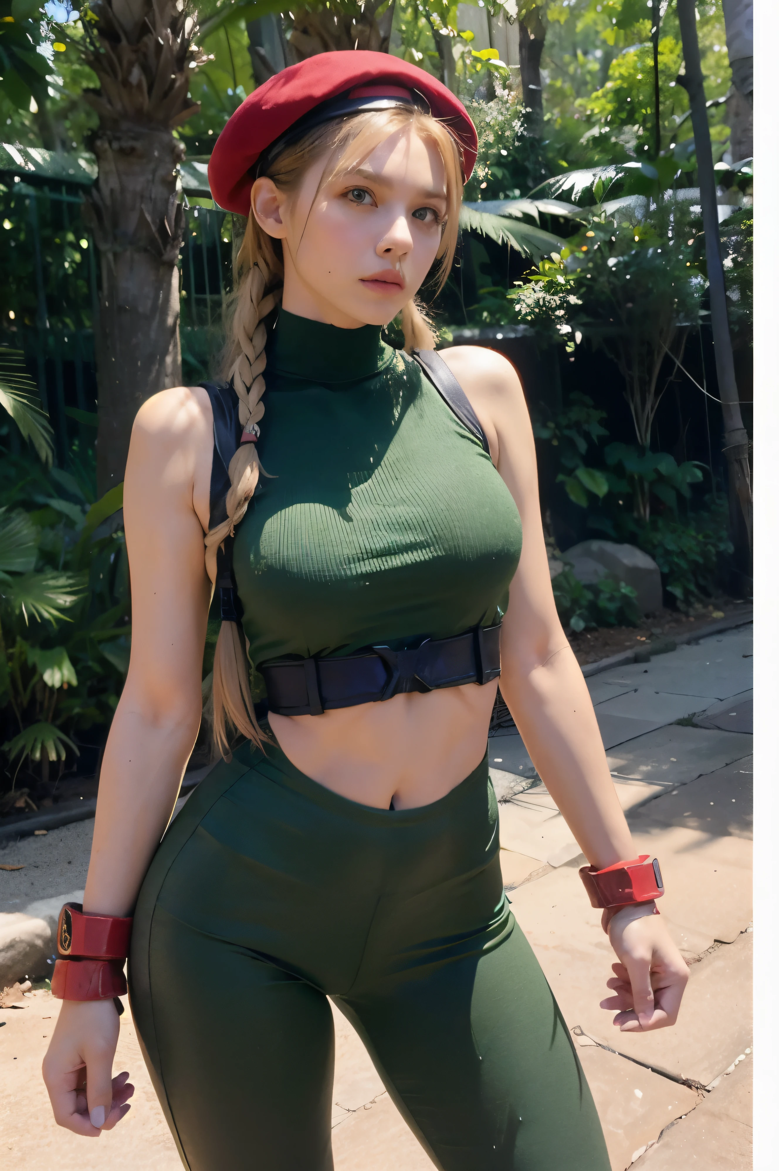 (best quality), 1 woman, blush, standing, looking at viewer, nature landscape, long blonde hair, braided pigtails, big bangs, blue eyes, green thong leotard, turtleneck, sleeveless, red beret, Red Socks, black calf-high combat boots, red gauntlets, chest harness, thigh holster, cheek scar, cowboy shot, green costume, green top costume, green clothes, resin costume clothes, fighter plane, desert area,  dynamic posture, Sensual posture
