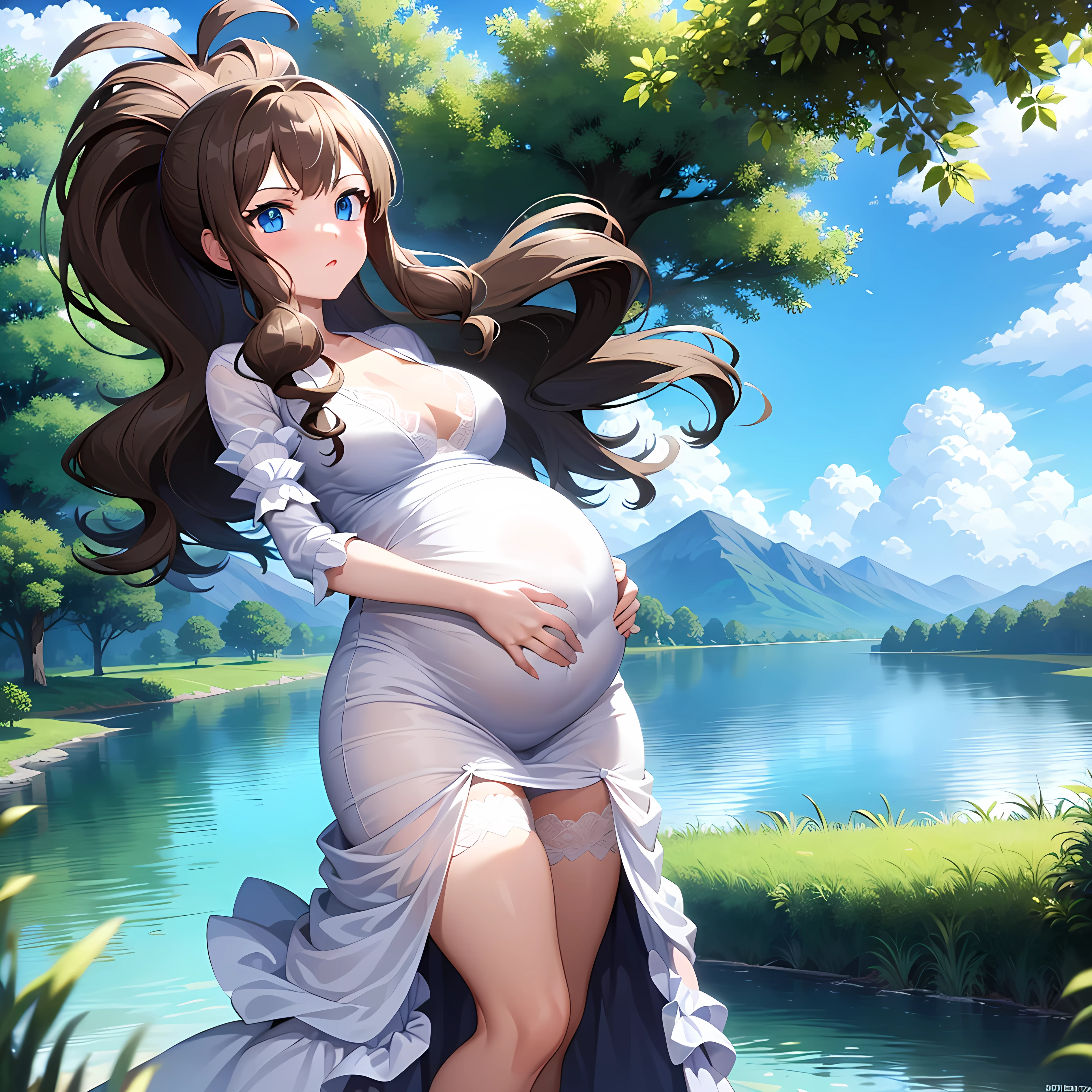 masterpiece, best quality, detailed, pov, 1girl, hilda, blue eyes, brown hair, long hair, ponytail, white lace lingerie smug, pregnant, standing, grassy field, lake background, distant mountains background,