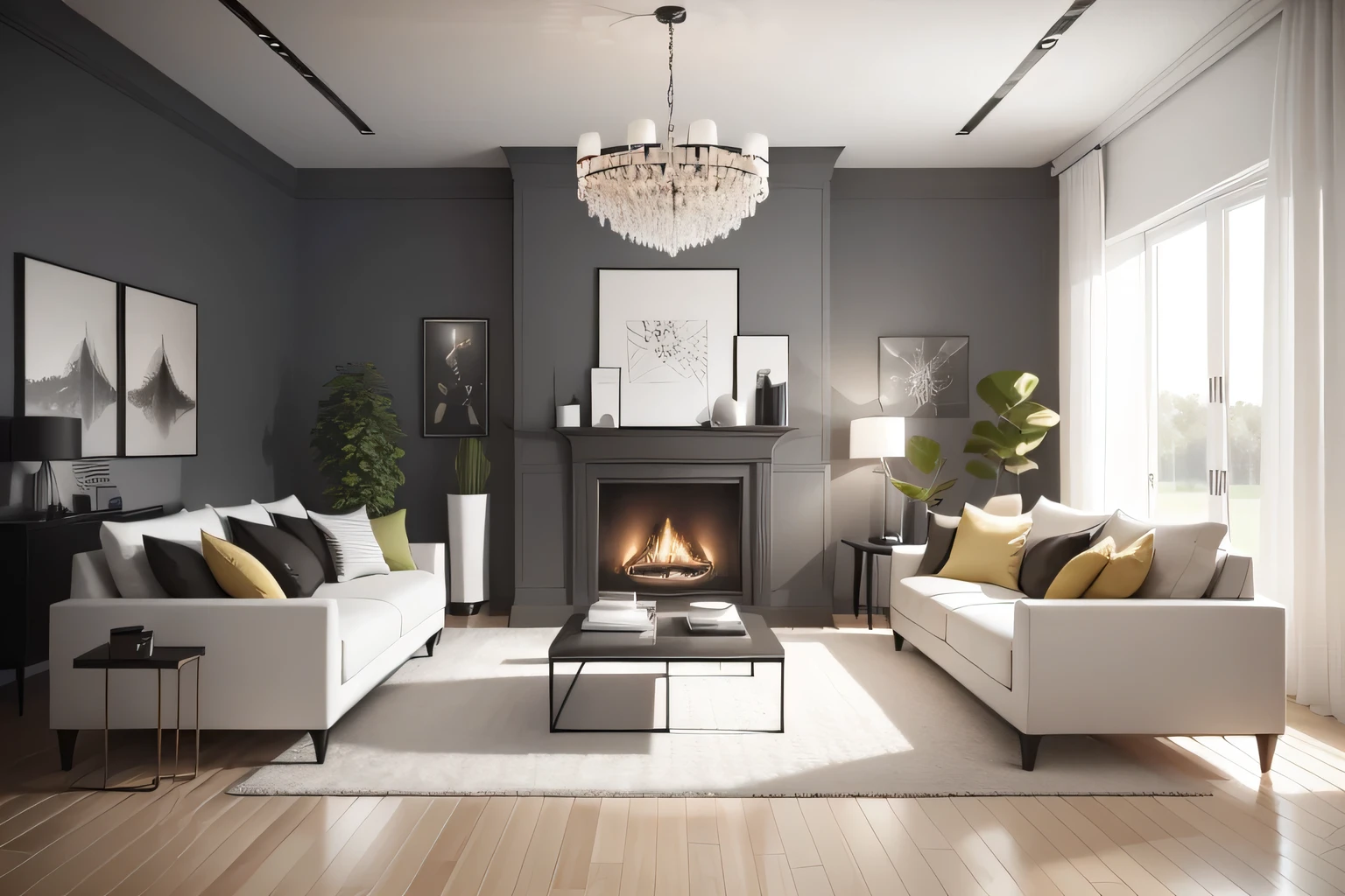 Interior Design: A fascinating European minimalist living room, Minimalist Nordic charm is subtly woven into the space.. The color palette is anchored by black ash elements to create a sophisticated foundation.. Brightly colored furniture pops against the clean background, adding a playful feel. Elegantly presented in 3D rendering, the multi-angle display is eye-catching and showcases the latest technology in a stylish and understated way.. Cozy interior lighting reminiscent of the latest trends thoughtfully illuminates the space and creates a warm and inviting atmosphere.. Large floor-to-ceiling windows flood the room with plenty of natural light.,high quality,