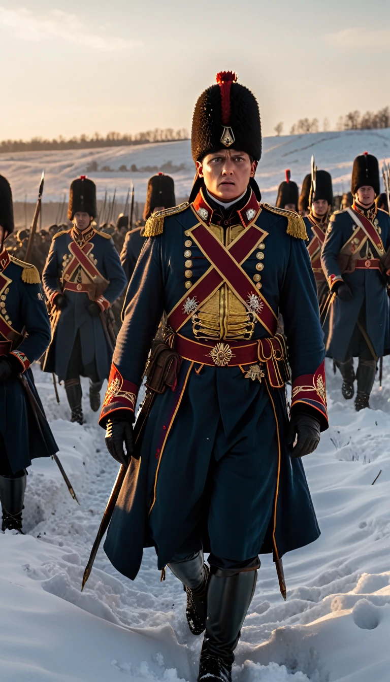 As the sun began to set, The warm golden hues of the sun illuminated his ornate attire, extreme wide angle shot from below, Depict Napoleon's retreating army battling against the elements and pursuing Russian forces. Show soldiers trudging through snow-covered landscapes, with exhaustion evident on their faces. Include scenes of skirmishes and attacks from Russian and Cossack troops, background dark, hyper realistic, ultra detailed hyper realistic, photorealistic, Studio Lighting, in screenshot from the 300 movie, reflections, dynamic pose, Cinematic, Color Grading, Photography, Shot on 50mm lens, Depth of Field, hyper-detailed, beautifully color, 8k,