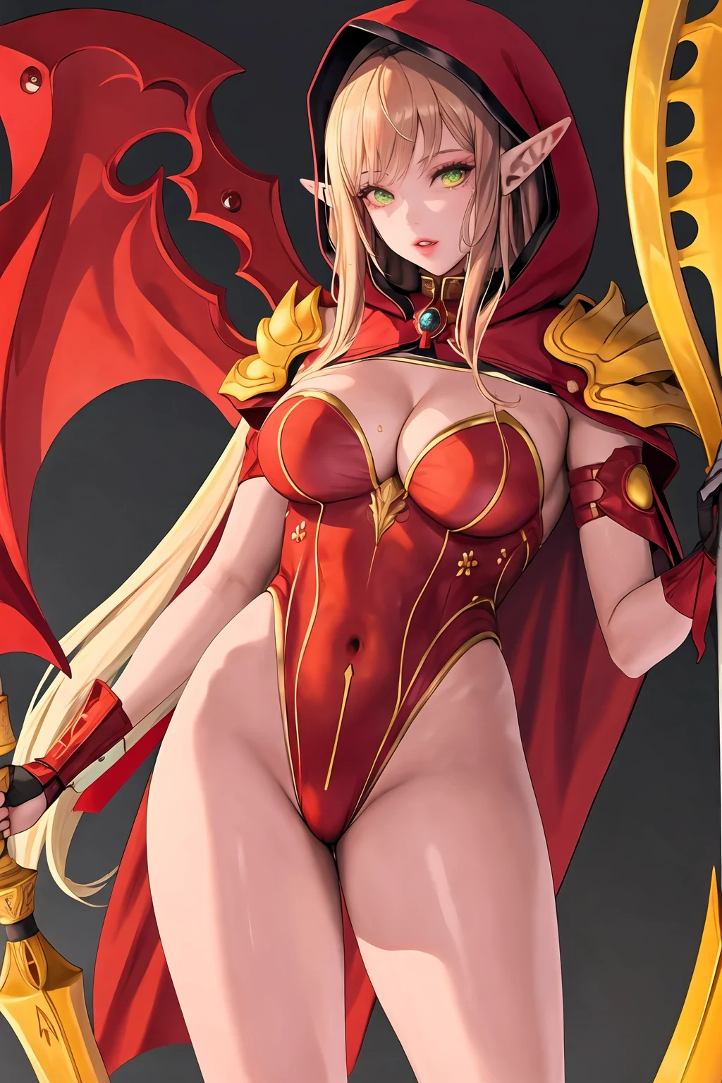 SFW, 1girl, armor, blonde hair, cape, cleavage, elf, gauntlets, gem, glowing, green eyes, highleg, highleg leotard, holding, hood, hyulla, large breasts, leotard, long hair, looking at viewer, parted lips, pauldrons, pointy ears, long hair, red hood, red leotard, shoulder armor, solo, weapon