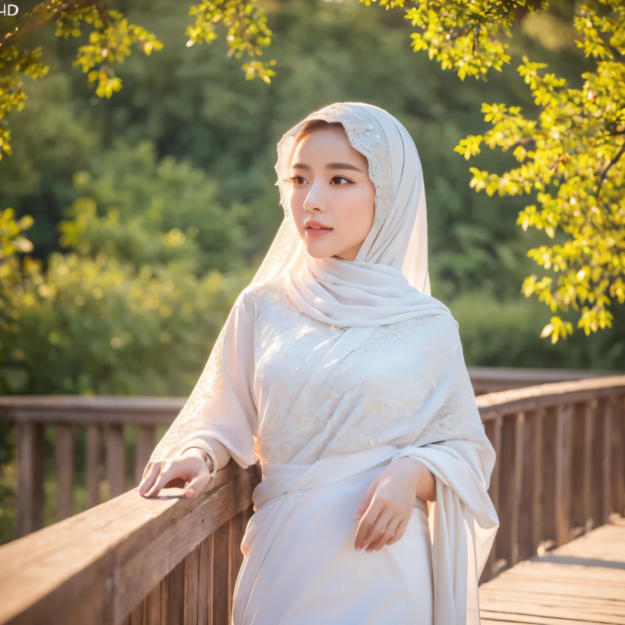 a young asian woman, beautiful detailed eyes, beautiful detailed lips, extremely detailed eyes and face, longeyelashes, wearing a white hijab, standing on a wooden bridge, wearing white clothes, green hills, bright twilight sky, purple flowers along the edge of the bridge, (best quality,4k,8k,highres,masterpiece:1.2),ultra-detailed,(realistic,photorealistic,photo-realistic:1.37),HDR,UHD,studio lighting,ultra-fine painting,sharp focus,physically-based rendering,extreme detail description,professional,vivid colors,bokeh,landscape,serene,calming,peaceful