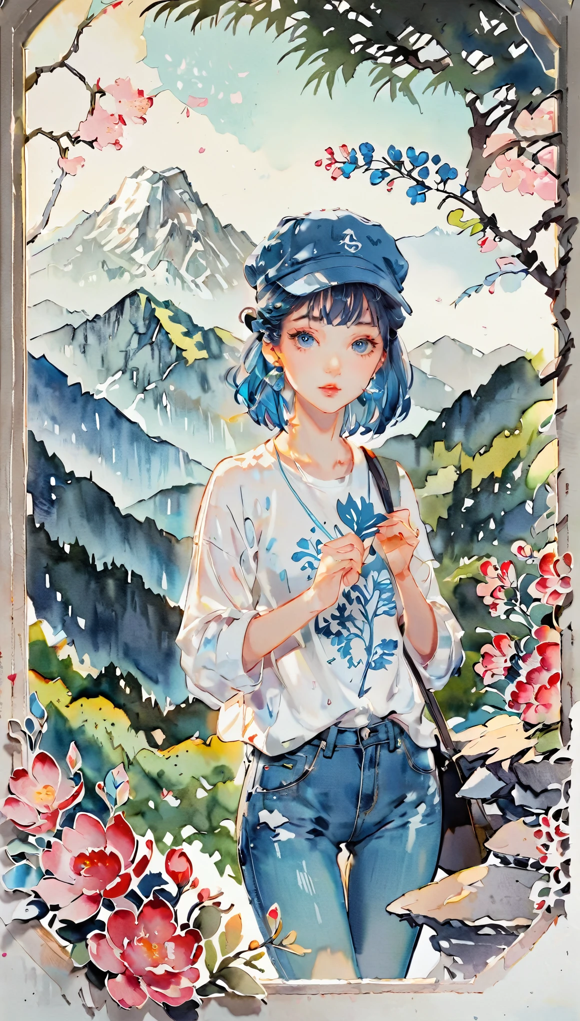 (((paper cutting style))), 1 girl, blue medium hair, cap, portfolio, shirts, denim, mountain