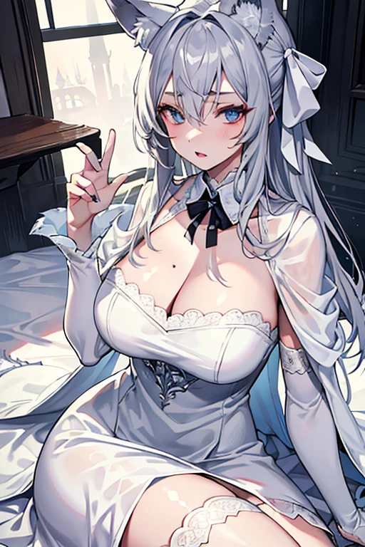 best qualtiy，tmasterpiece，The is very detailed，4K，Gray hair and shallow eyes，Drag cool expressions，Wolf ears，Erect scar on the left eye，British style，1girl，Absolutely beautiful, big bust, white costume, ear ribbon