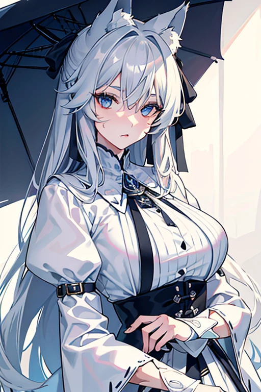 best qualtiy，tmasterpiece，The is very detailed，4K，Gray hair and shallow eyes，Drag cool expressions，Wolf ears，Erect scar on the left eye，British style，1girl，Absolutely beautiful, big bust, white costume, ear ribbon